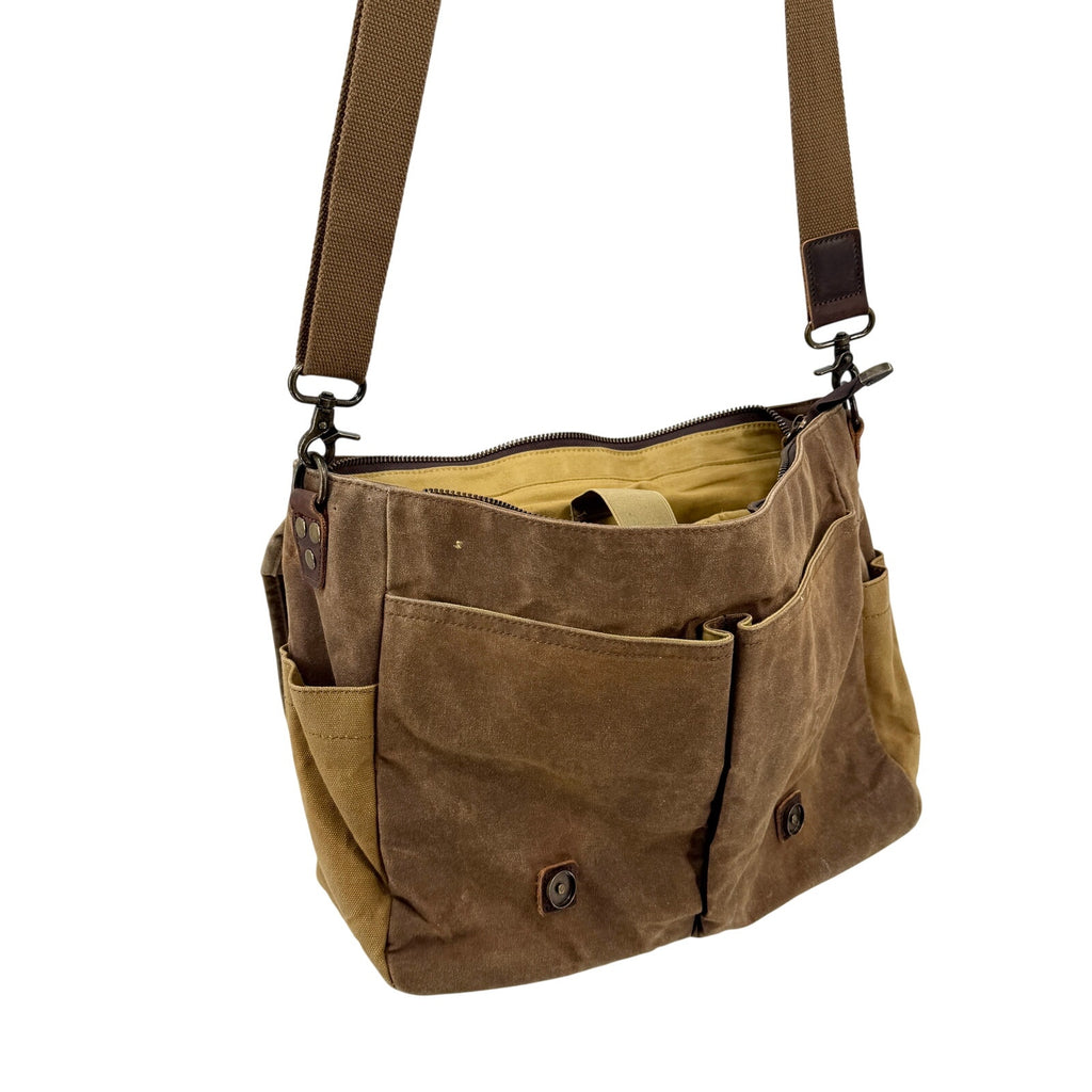 Newhey Brown Distressed Canvas Genuine Leather Straps Messenger Bag