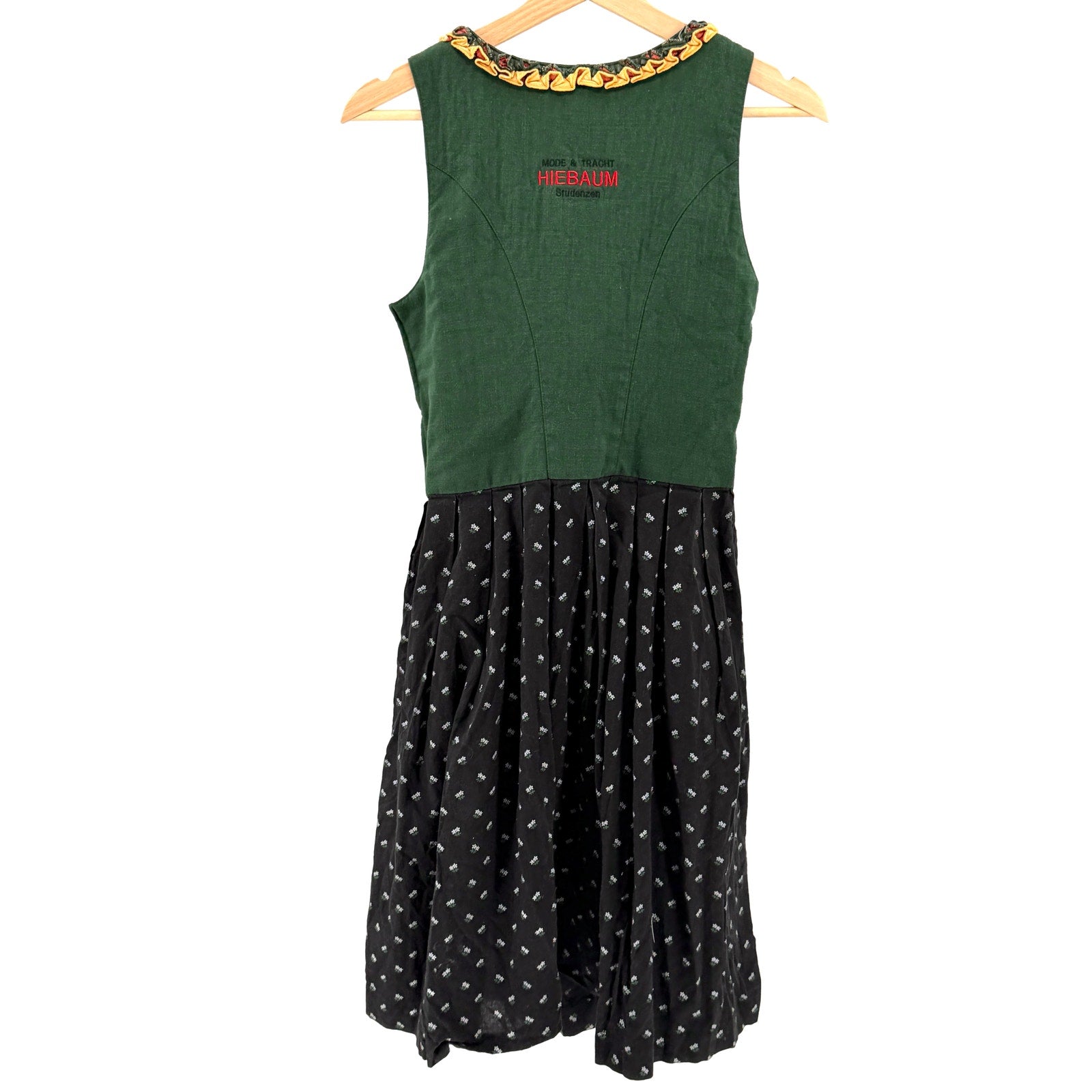 Vintage 80s Hiebaum Green Black Cotton Folk Cottagecore Ruffle Dirndl Dress