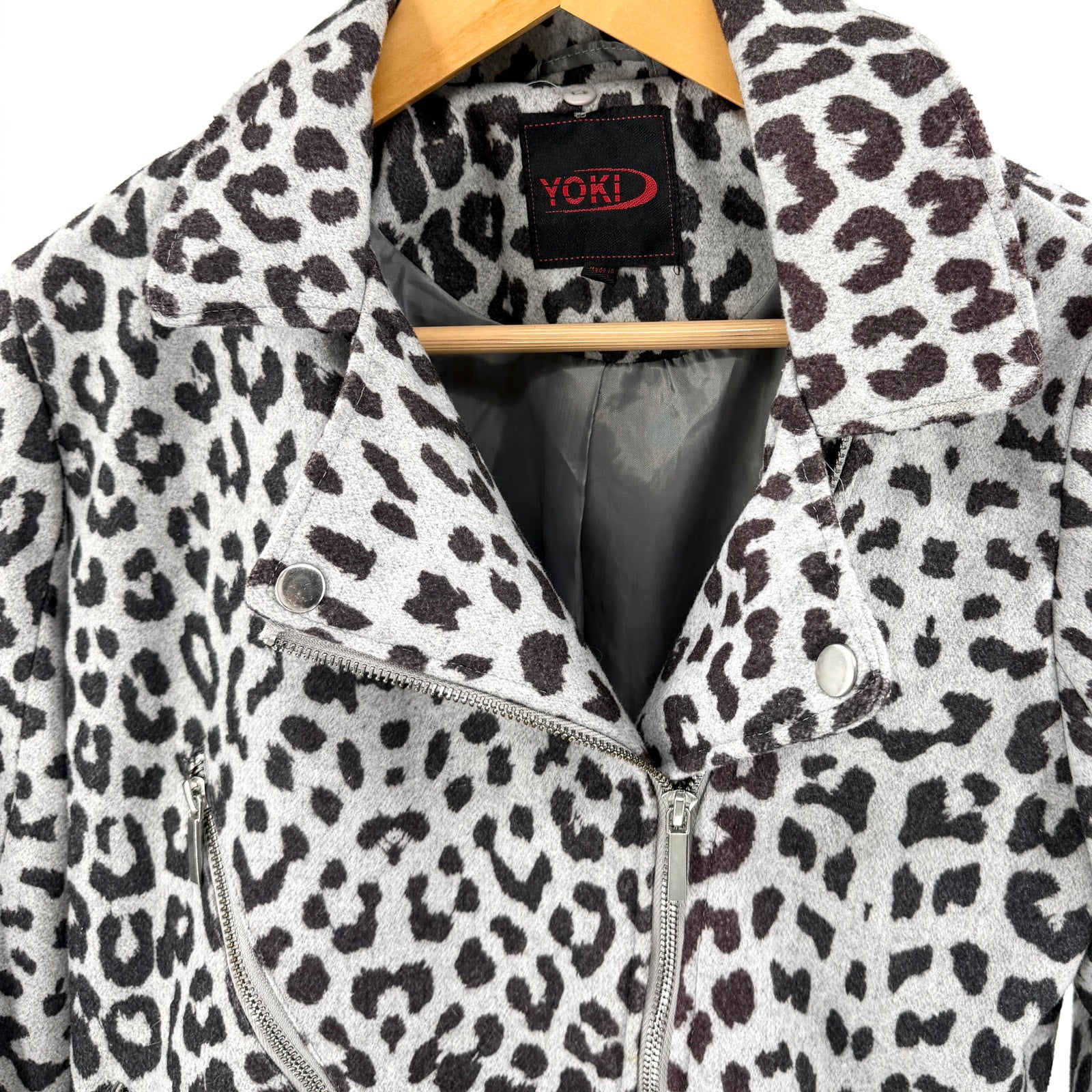 Yoki Gray Leopard Print Flannel Moto Jacket