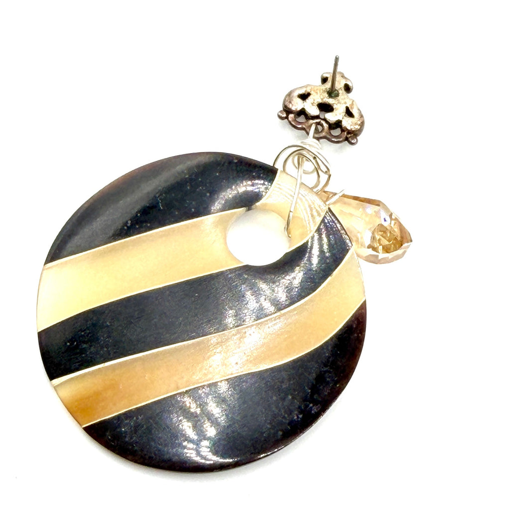 Vintage 90s Sterling Silver Black Tan Striped Resin Tribal Maximal Drop Earrings