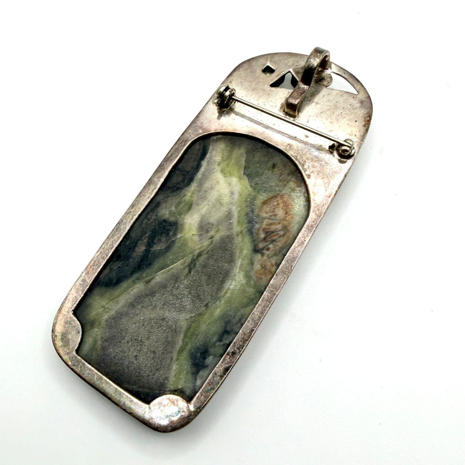 Vintage Massive Sterling Silver Green Serpentine Peridot Brooch Pendant