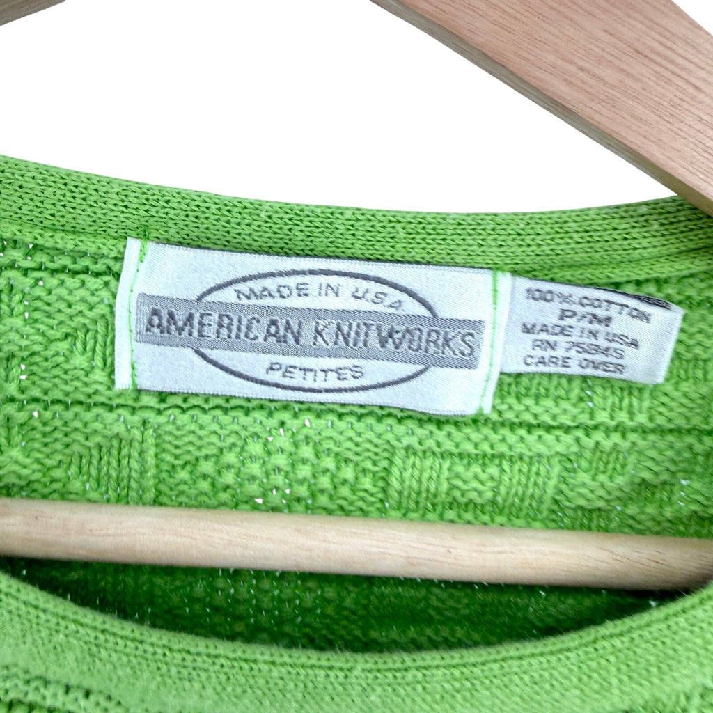 Vintage 90s American Knitworks Neon Lime Green 100% Cotton Grid Knit Sweater