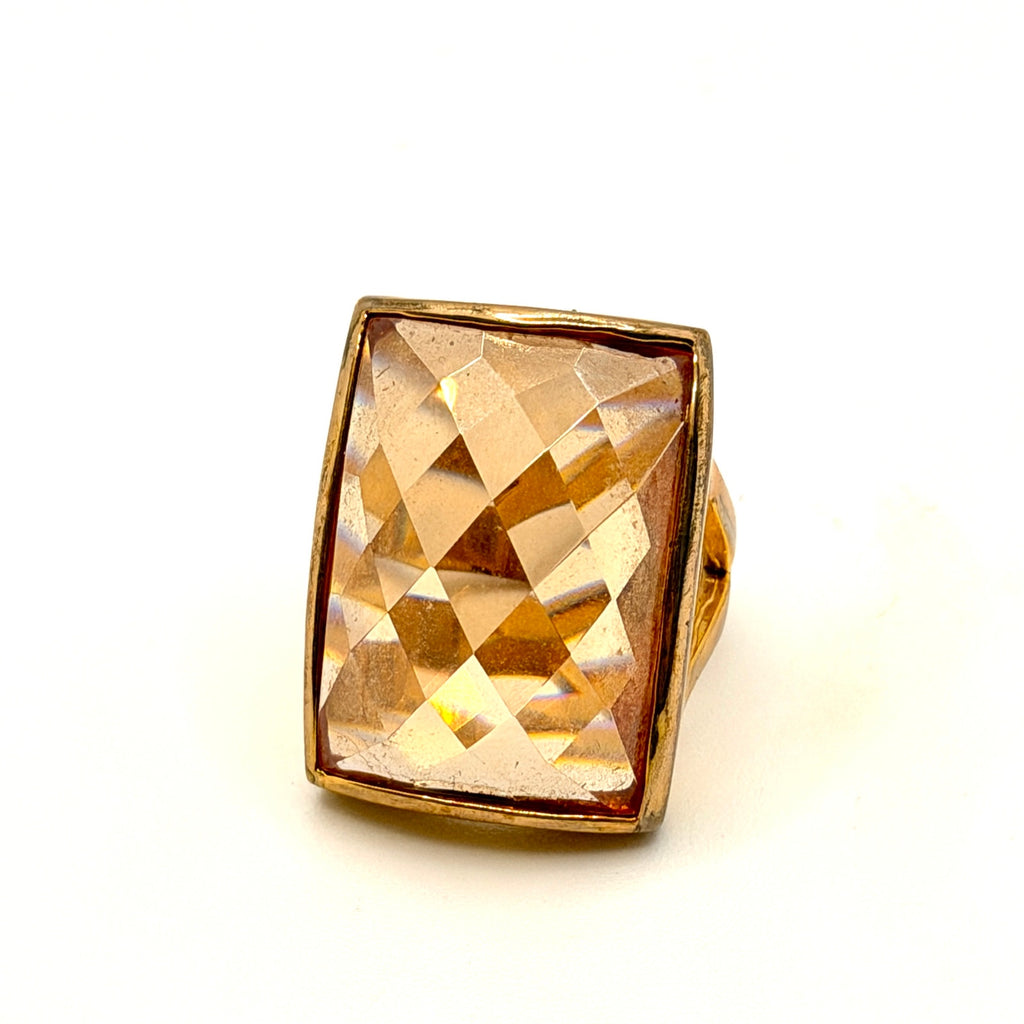 Vintage 1970s Honey Amber Faceted Crystal Architectural Cocktail Ring