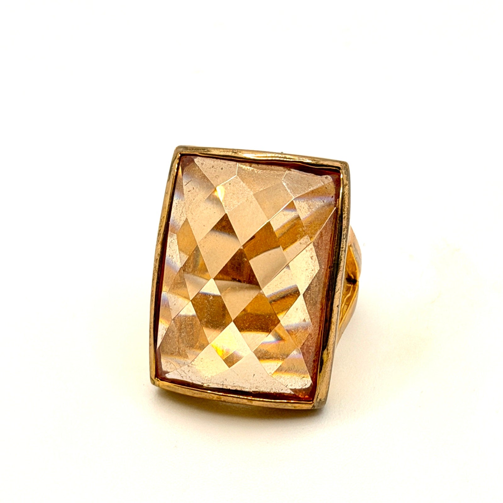 Vintage 1970s Honey Amber Faceted Crystal Architectural Cocktail Ring