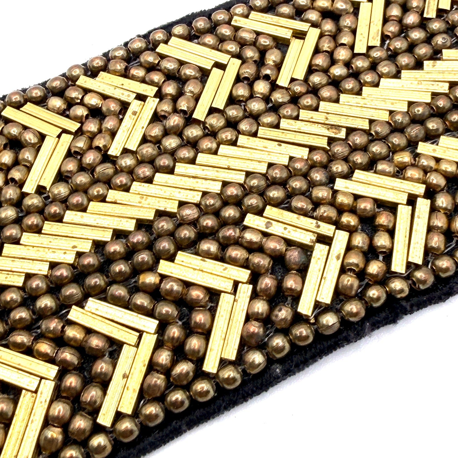 Vintage 90s Gold Tone Beaded Geometric Black Fabric Cuff Bracelet