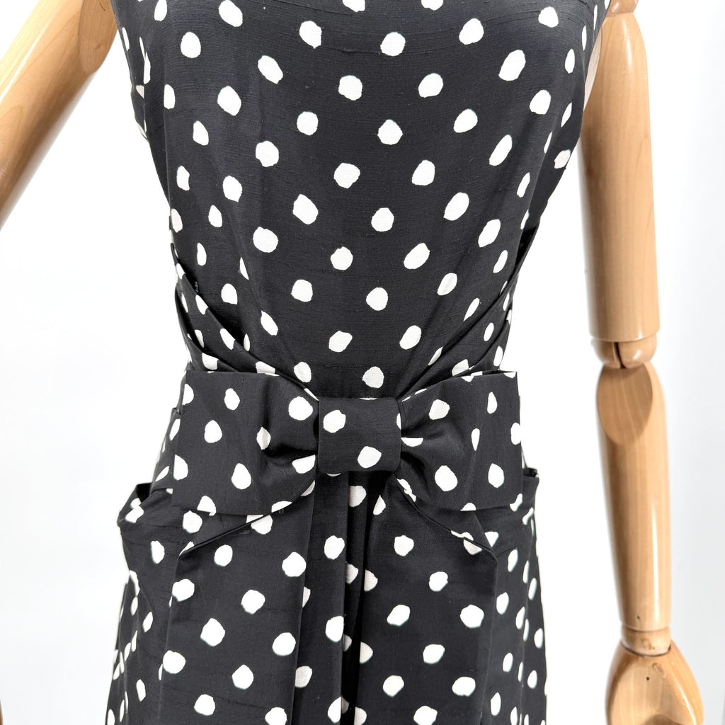 Kate Spade Black White Polkadot 100% Silk Bow Pocket Cocktail Dress