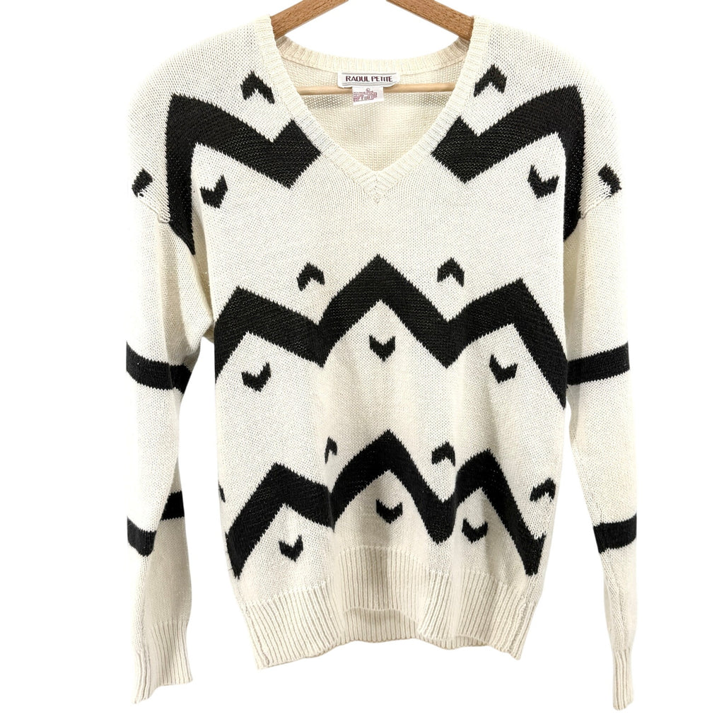 Vintage 80s Raoul Petite Ivory Black Chevron Knit Sweater