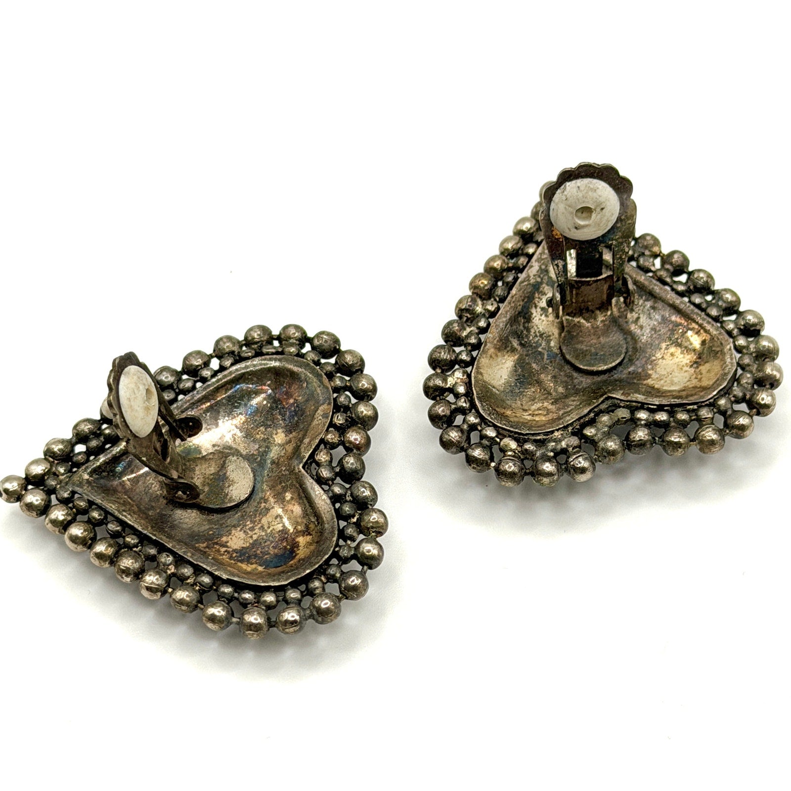 Vintage 80s Black Sterling Silver Multi Color Mosaic Inlay Heart Earrings