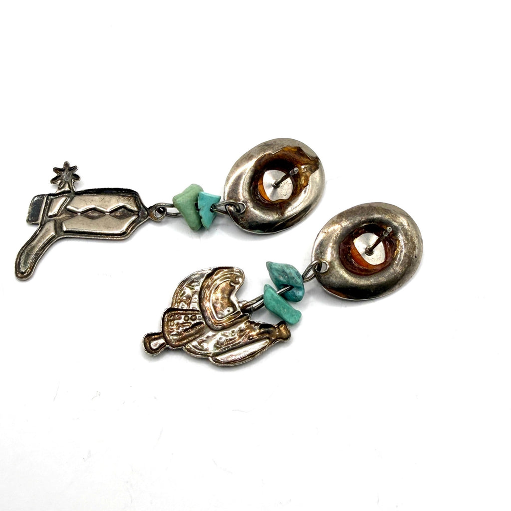Vintage 90s Silver Turquoise Southwestern Cowboy Boot Saddle Drop Earrings