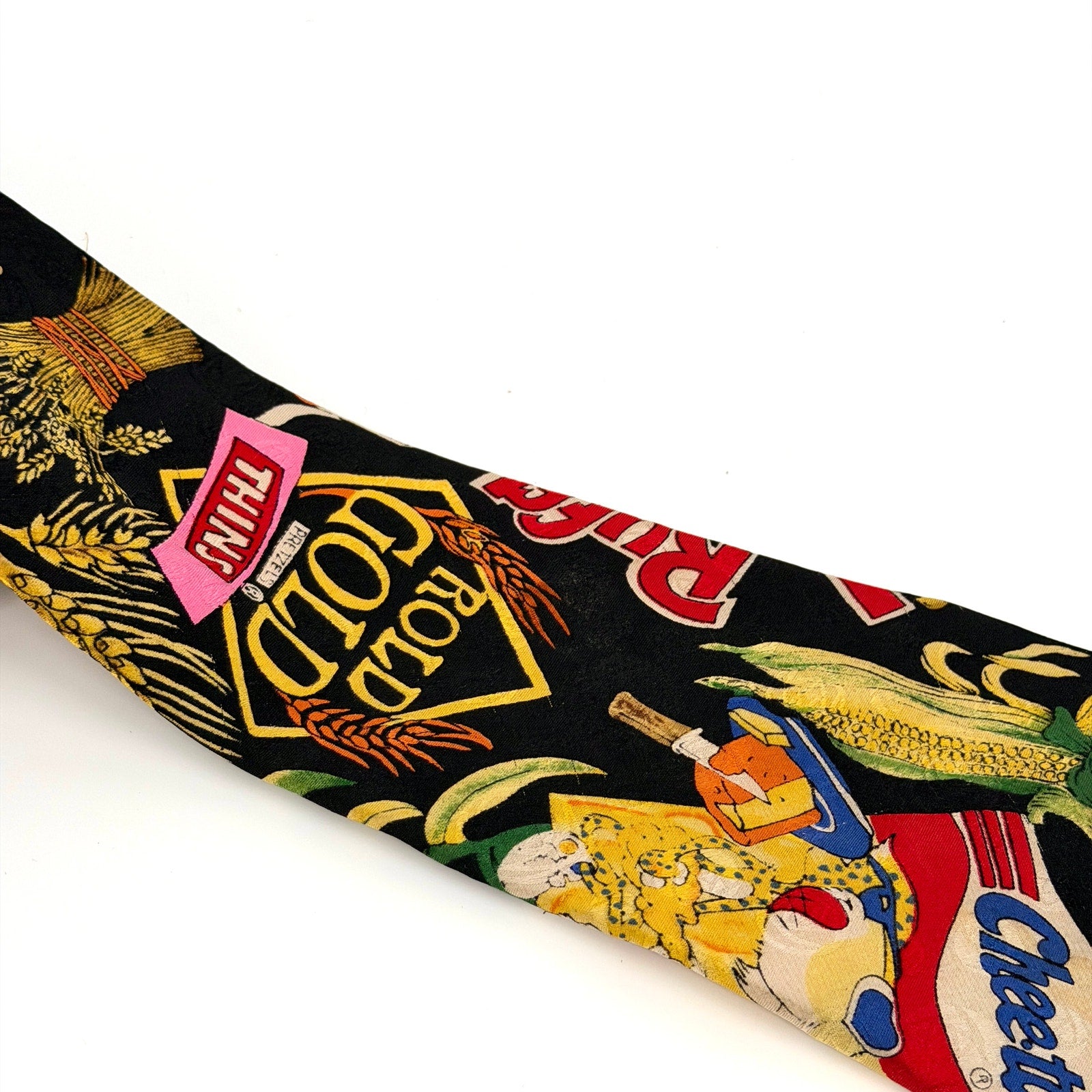 Vintage 90s Frito Lay Black 100% Silk Pop Culture Cheetos Doritos Print Tie