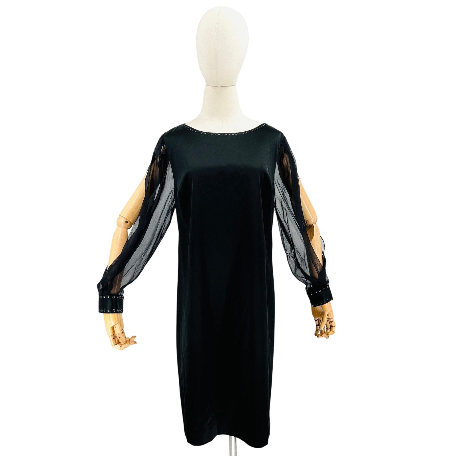 Elie Tahari Black Studded Satin Shift Dress with Silk Sleeves