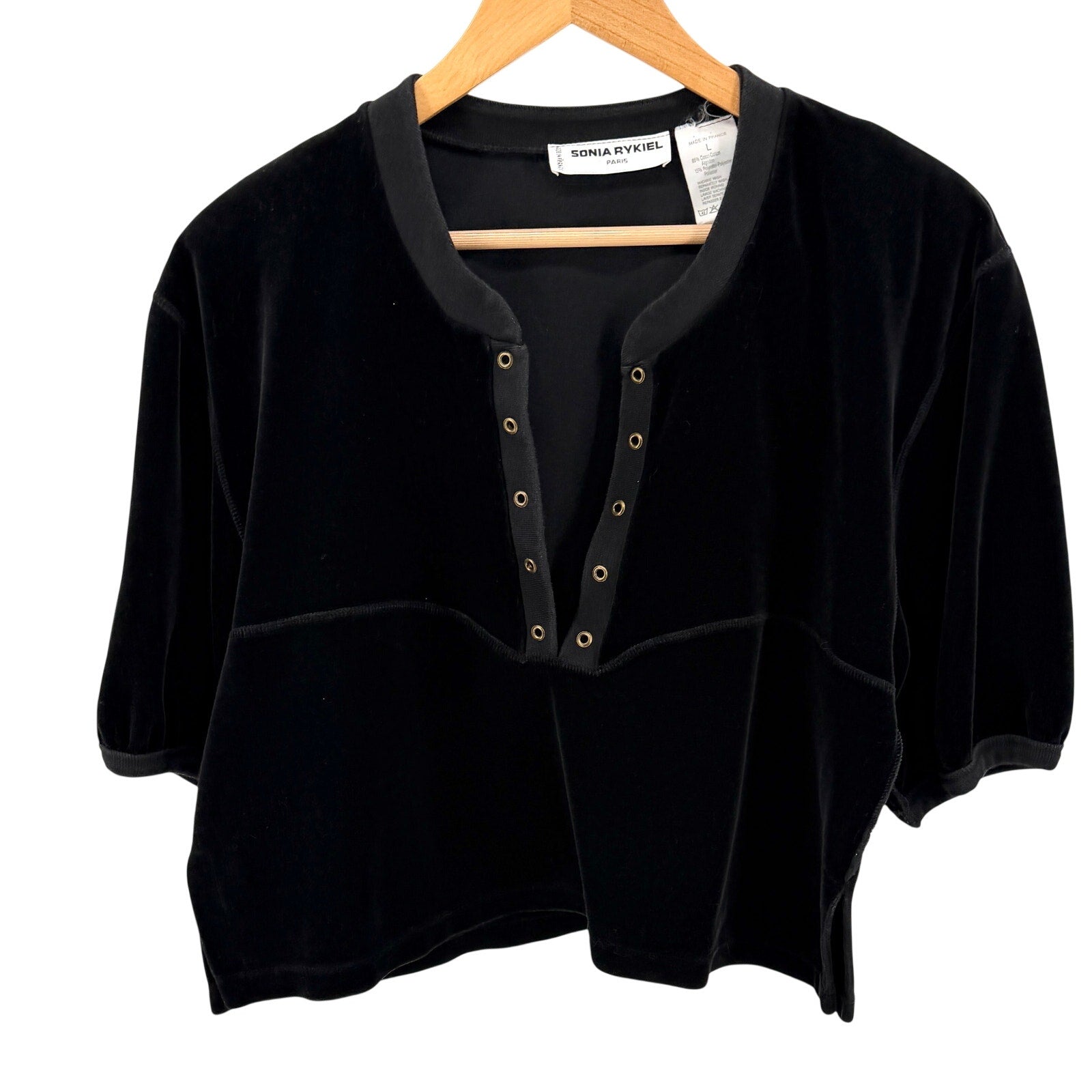 Vintage 90s Sonia Rykiel Black Velour Puff Sleeve Cropped Top