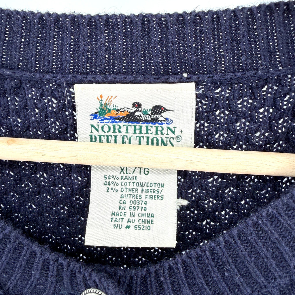 Vintage 90s Northern Reflections Navy Blue Fair Isle Reindeer Cardigan Sweater