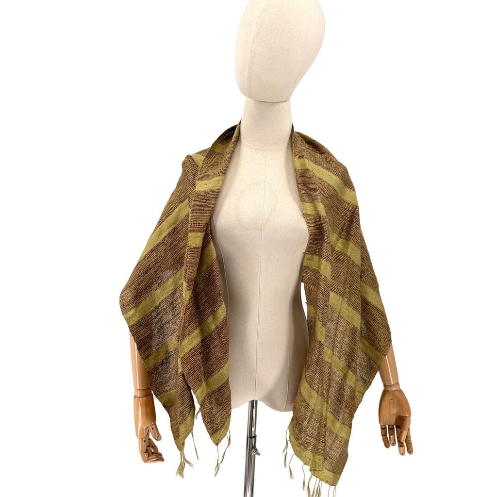 Olive Green Red Striped 100% Raw Silk Fringed Artisan Scarf Wrap