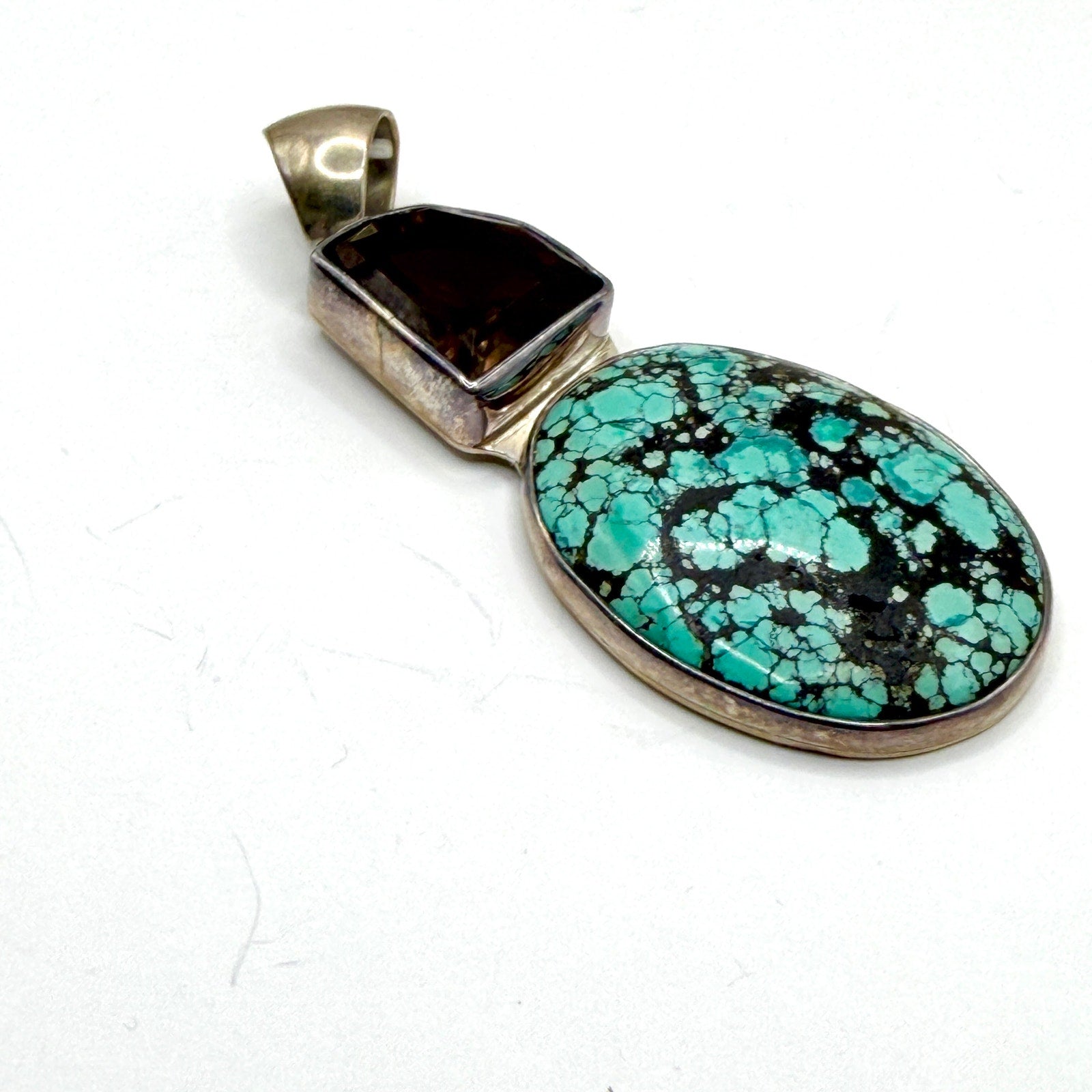 Vintage 90s Sterling Silver Stamped Turquoise Smoky Quartz Statement Pendant