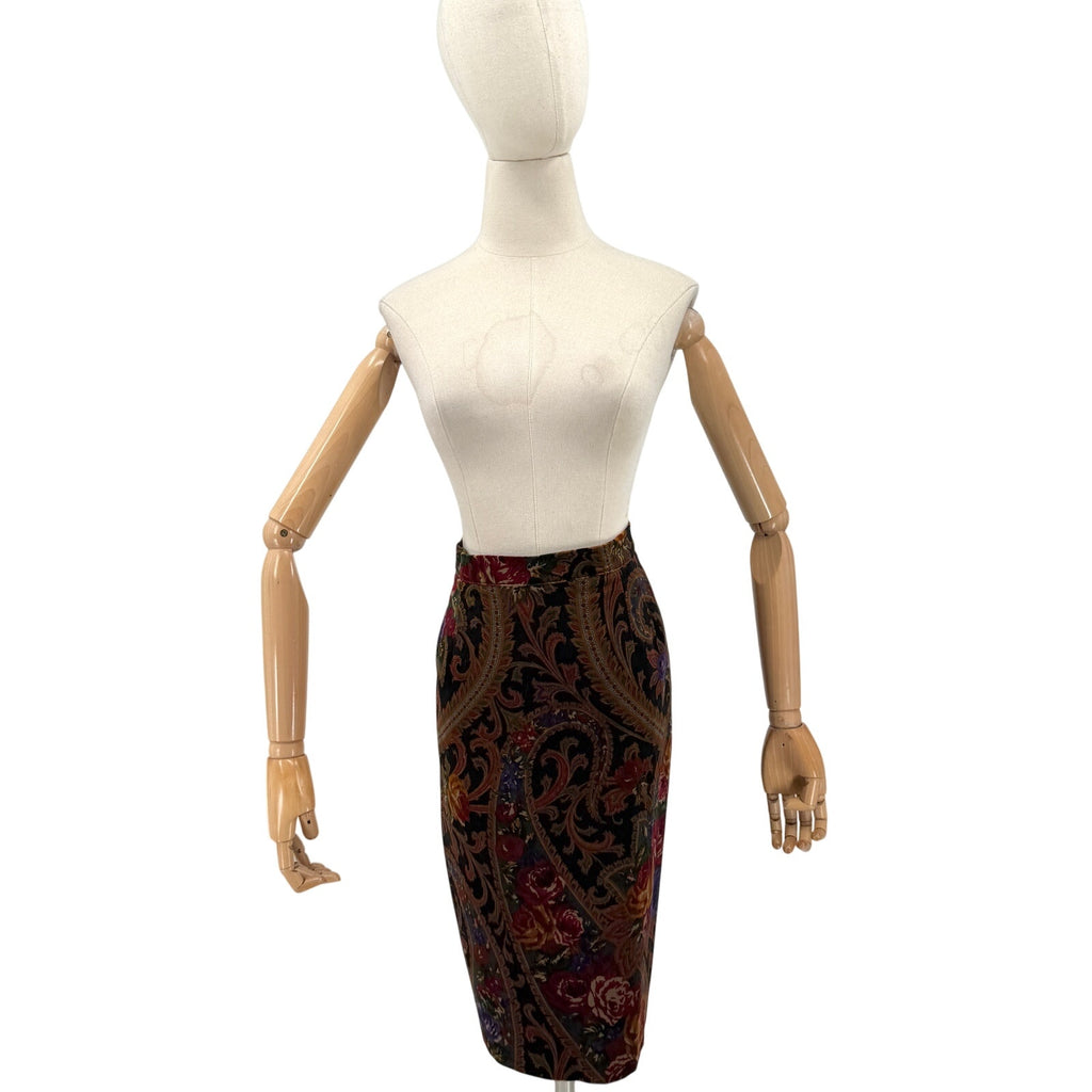 Vintage 90s Janine Black Red Ornate Baroque Floral Velvet Pencil Skirt