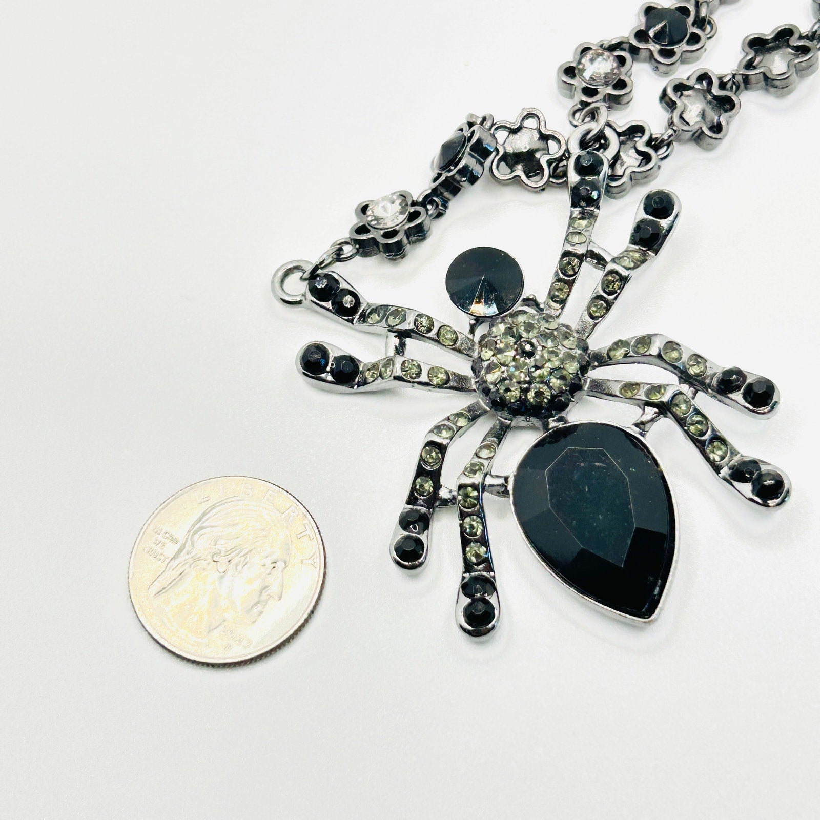 Vintage y2k Pier 1 Imports Silver Black Rhinestone Spider Pendant Necklace