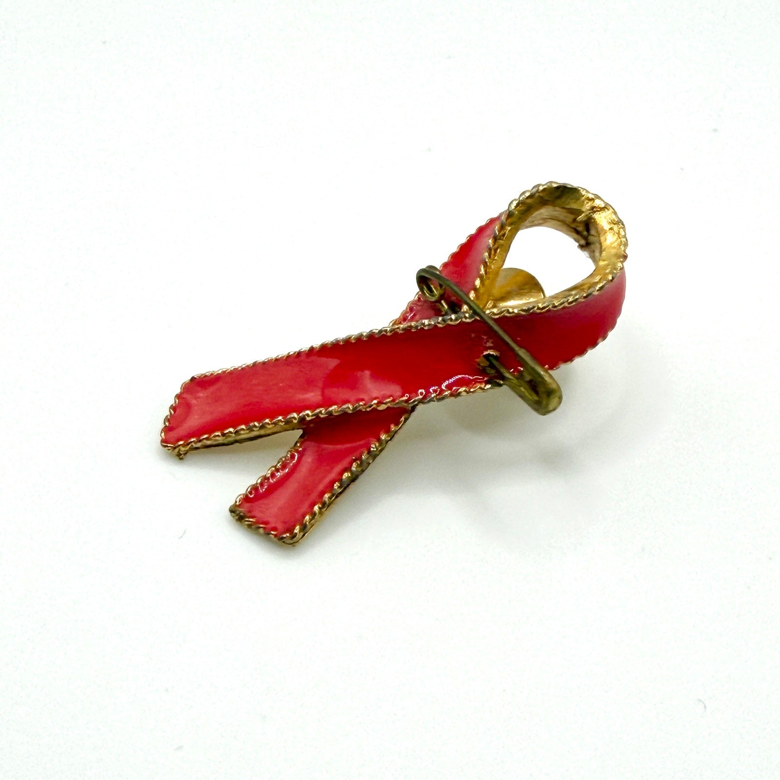 Vintage 80s Red Gold Enamel AIDS Awareness Ribbon Lapel Pin