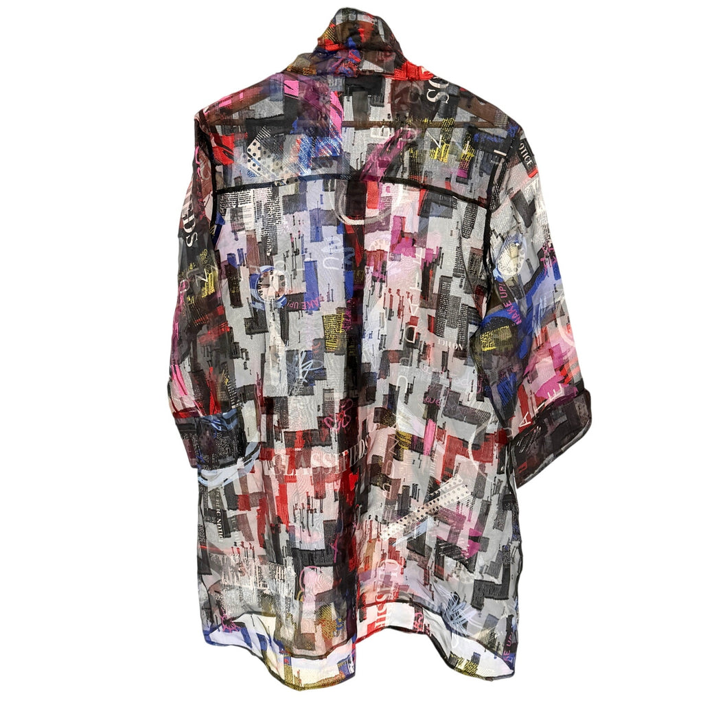 Joseph Ribkoff Black Sheer Graffiti Print Wire Collar Duster Overlay Jacket