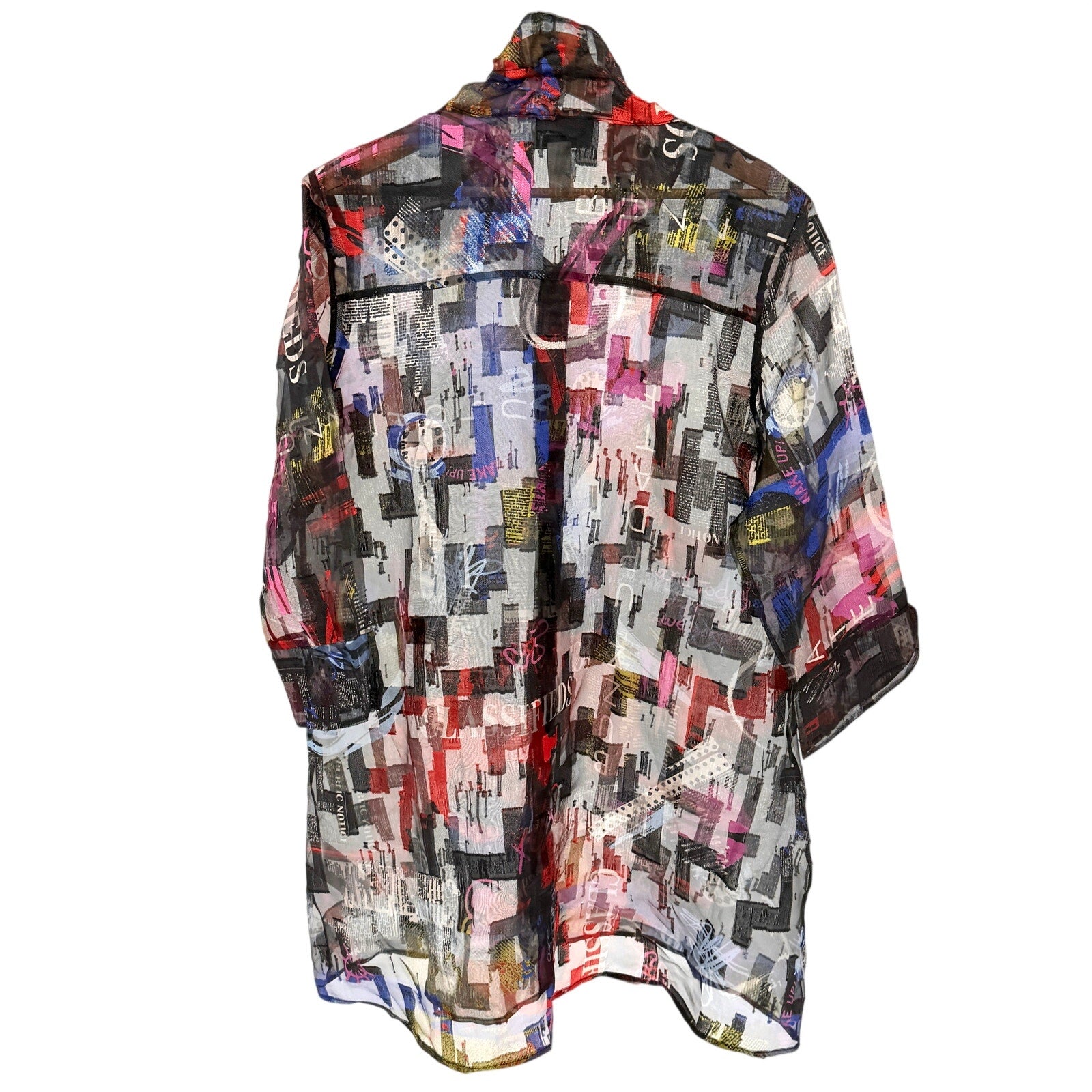 Joseph Ribkoff Black Sheer Graffiti Print Wire Collar Duster Overlay Jacket