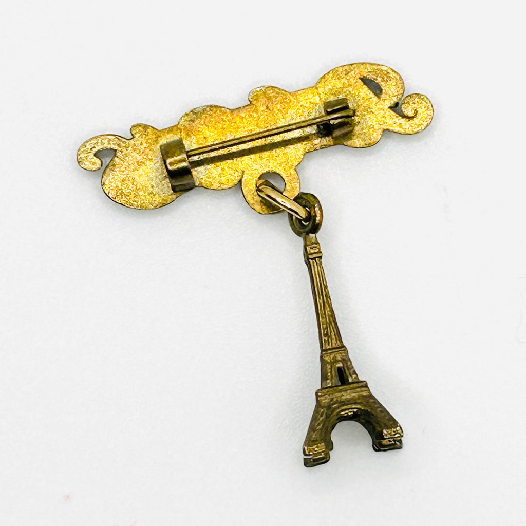 Vintage 60s Paris Eiffel Tower Gold Script Souvenir Brooch Pin