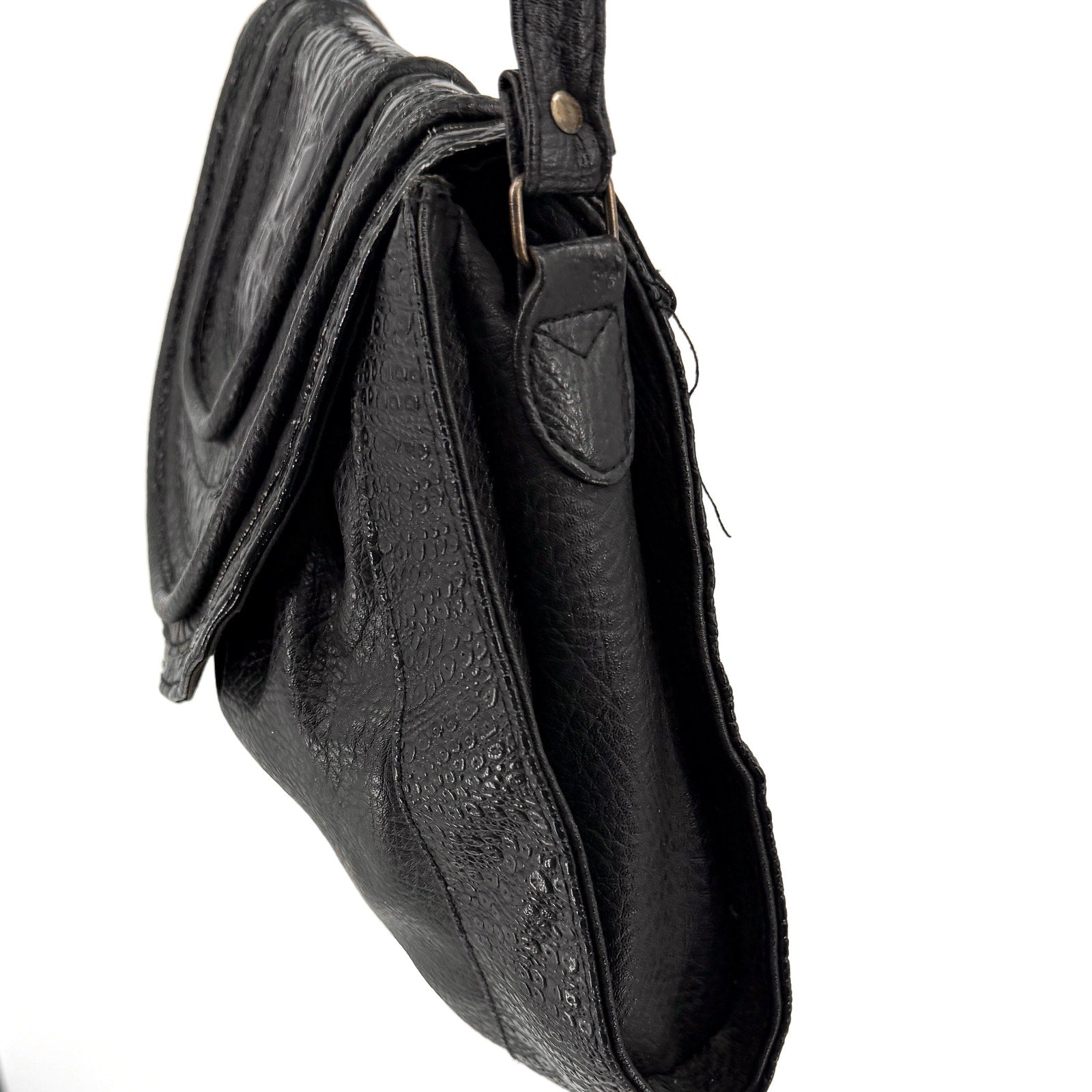 Vintage 80s Black Genuine Leather Patent Mock Croc Shoulder Bag
