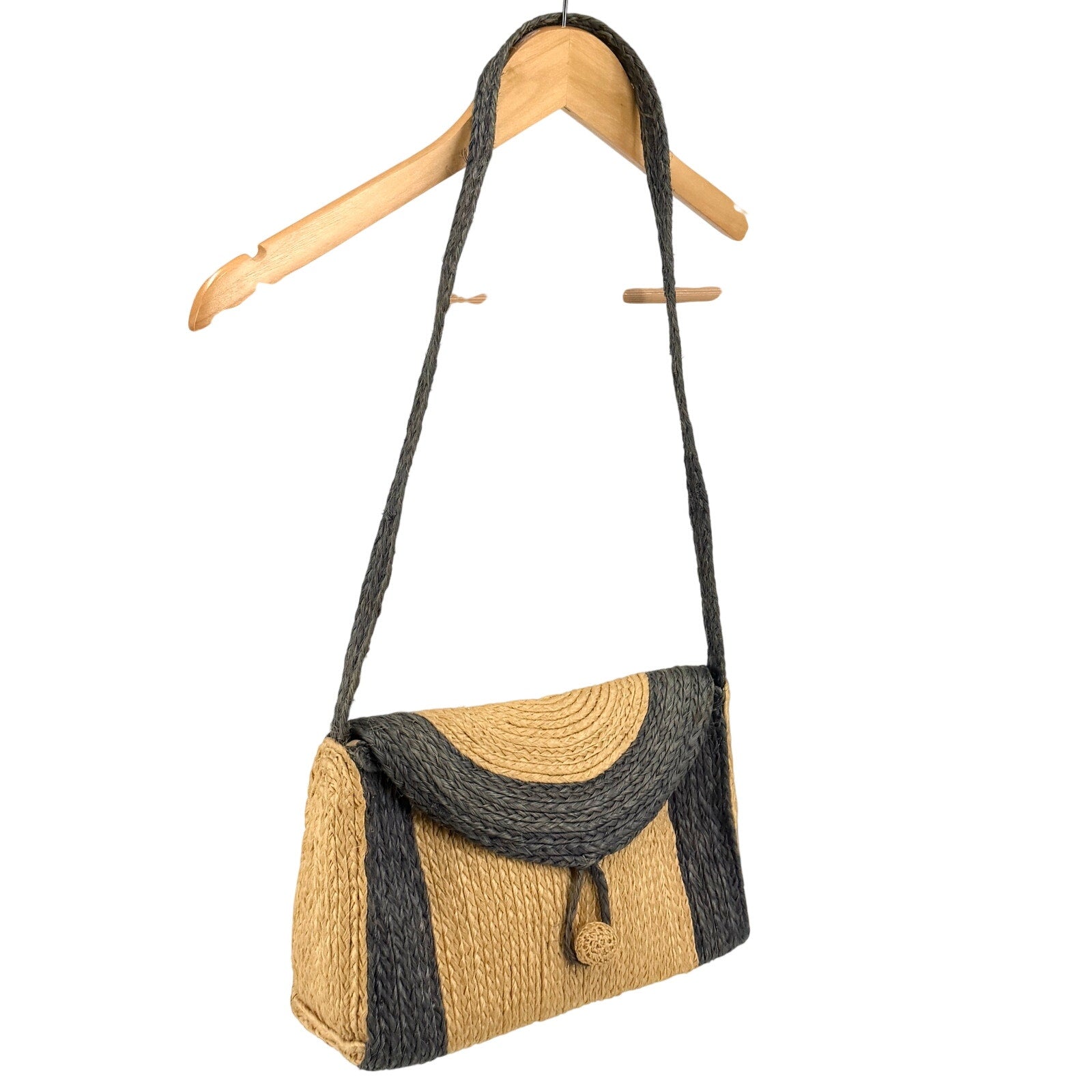 Vintage 80s Tan Blue Woven Straw Stripe Flap Shoulder Bag Purse