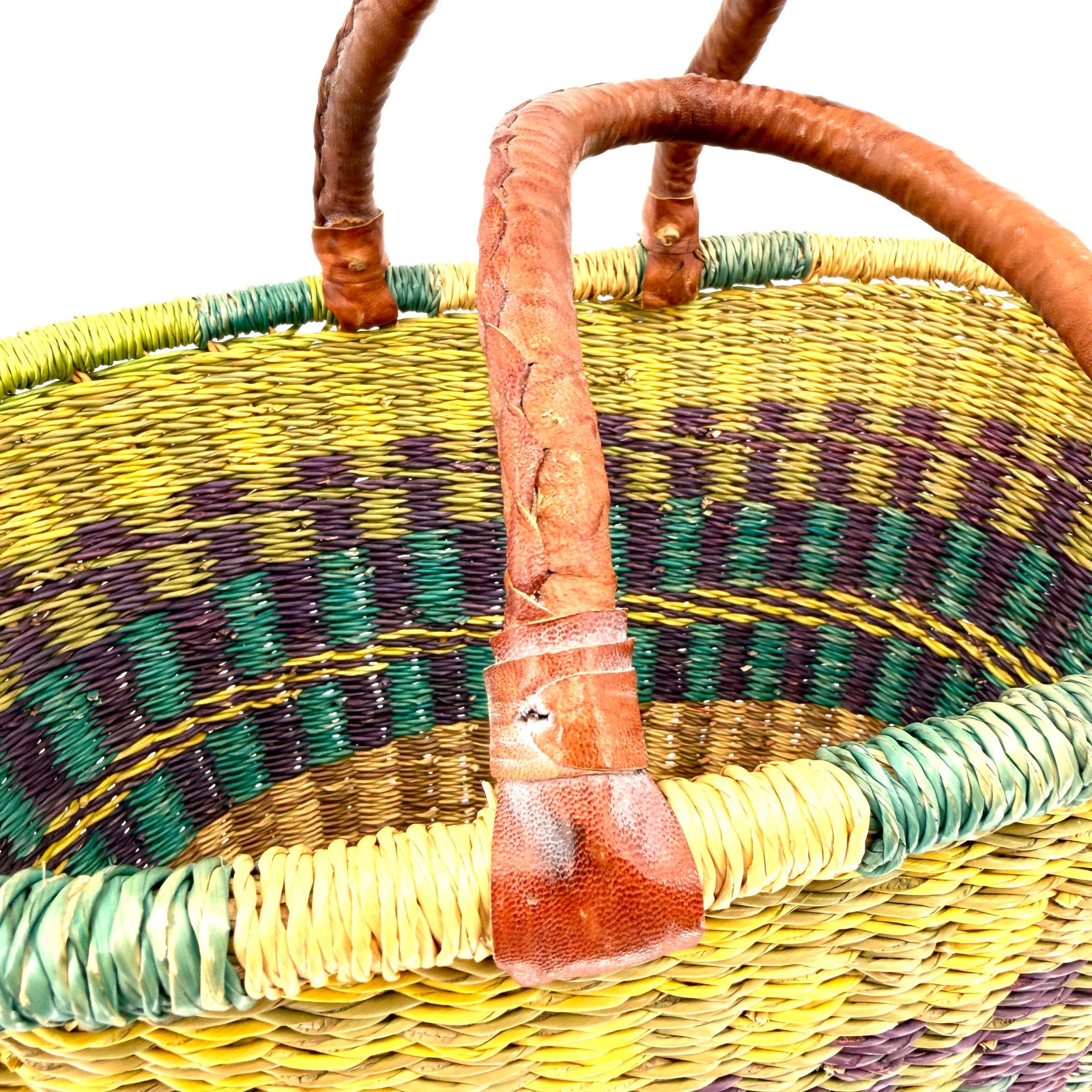 Vintage 80s Handcrafted Large Multi-Color Woven Straw Basket Leather Handle Tote