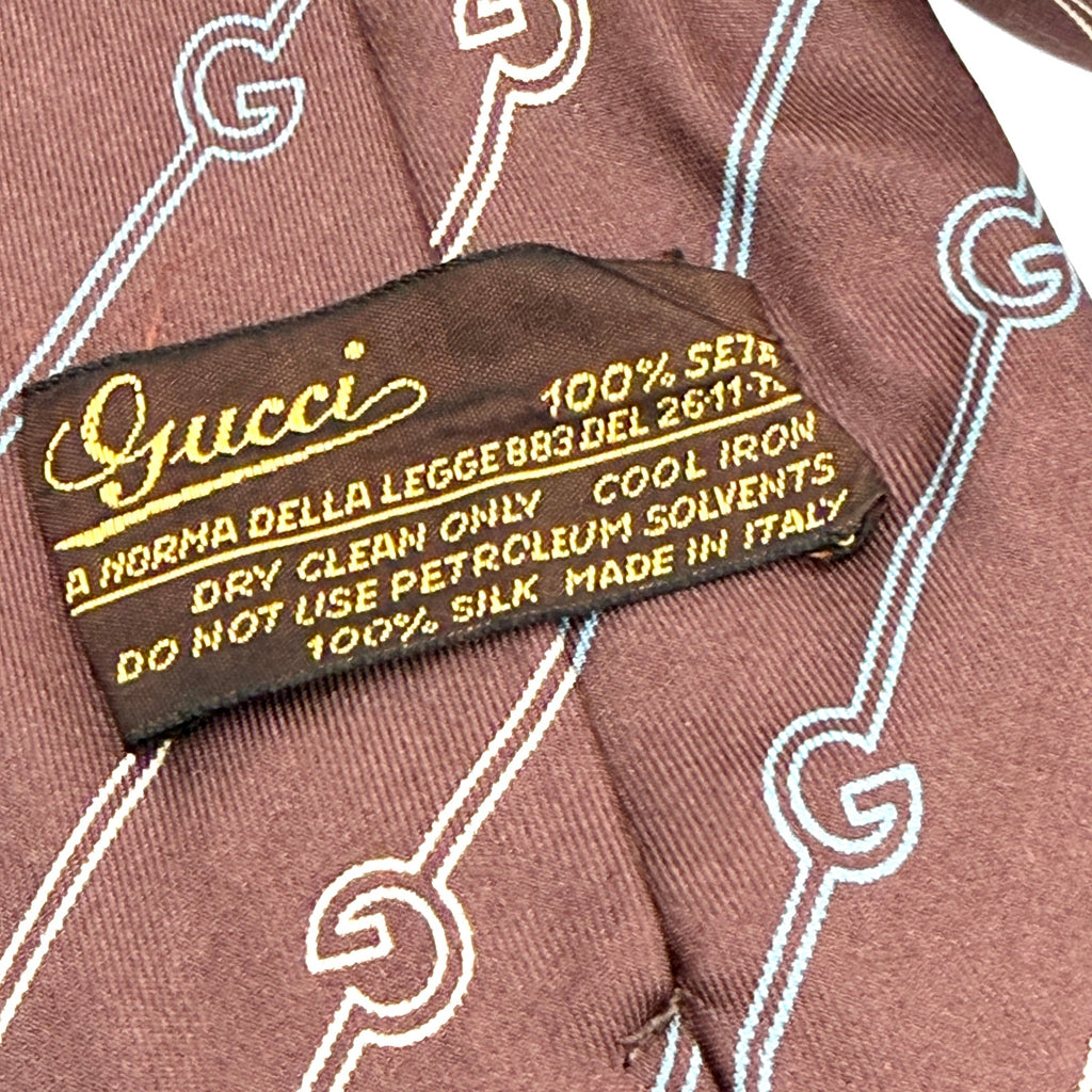 Vintage 80s Gucci Brown Silk GG Chain Link Print Necktie