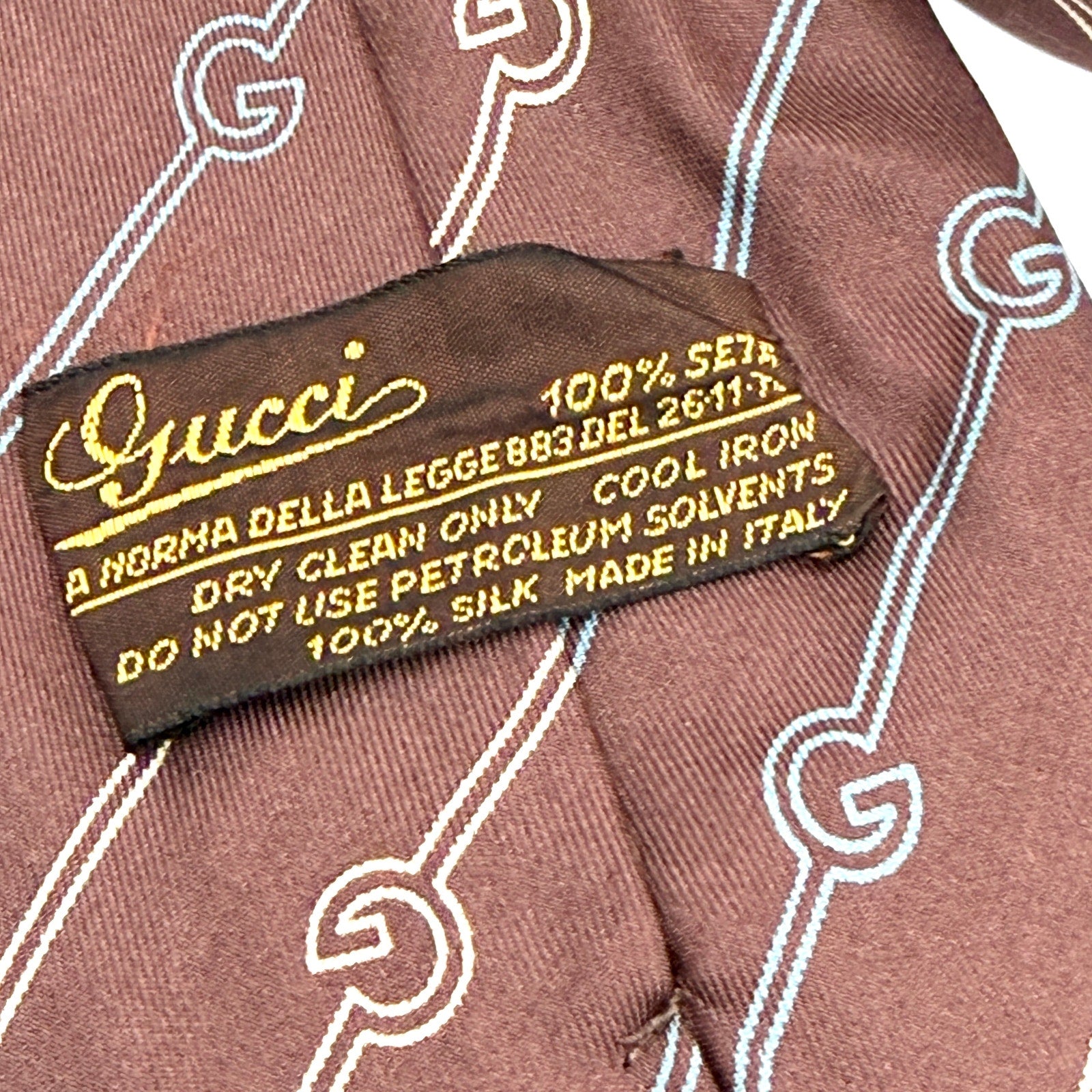 Vintage 80s Gucci Brown Silk GG Chain Link Print Necktie