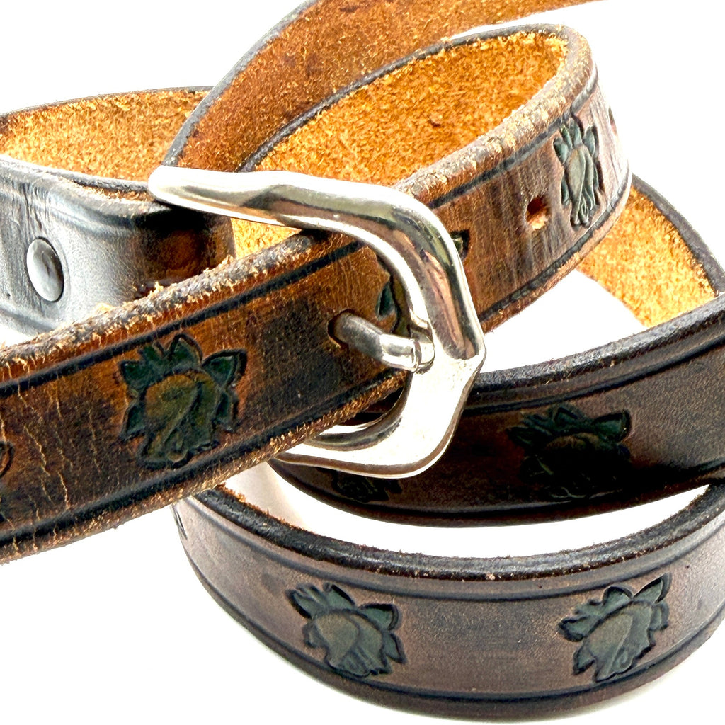 Vintage 70s Brown Genuine Leather Hand Stamped Green Rose Boho Western Belt