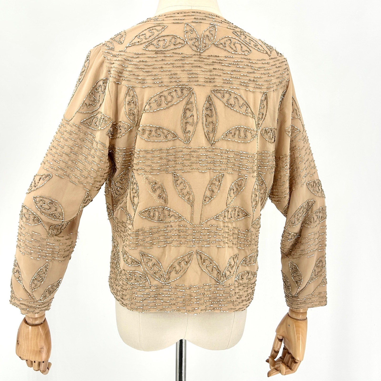 Greylin Nude Champagne Silver Bugle Bead Embellished Cocktail Jacket