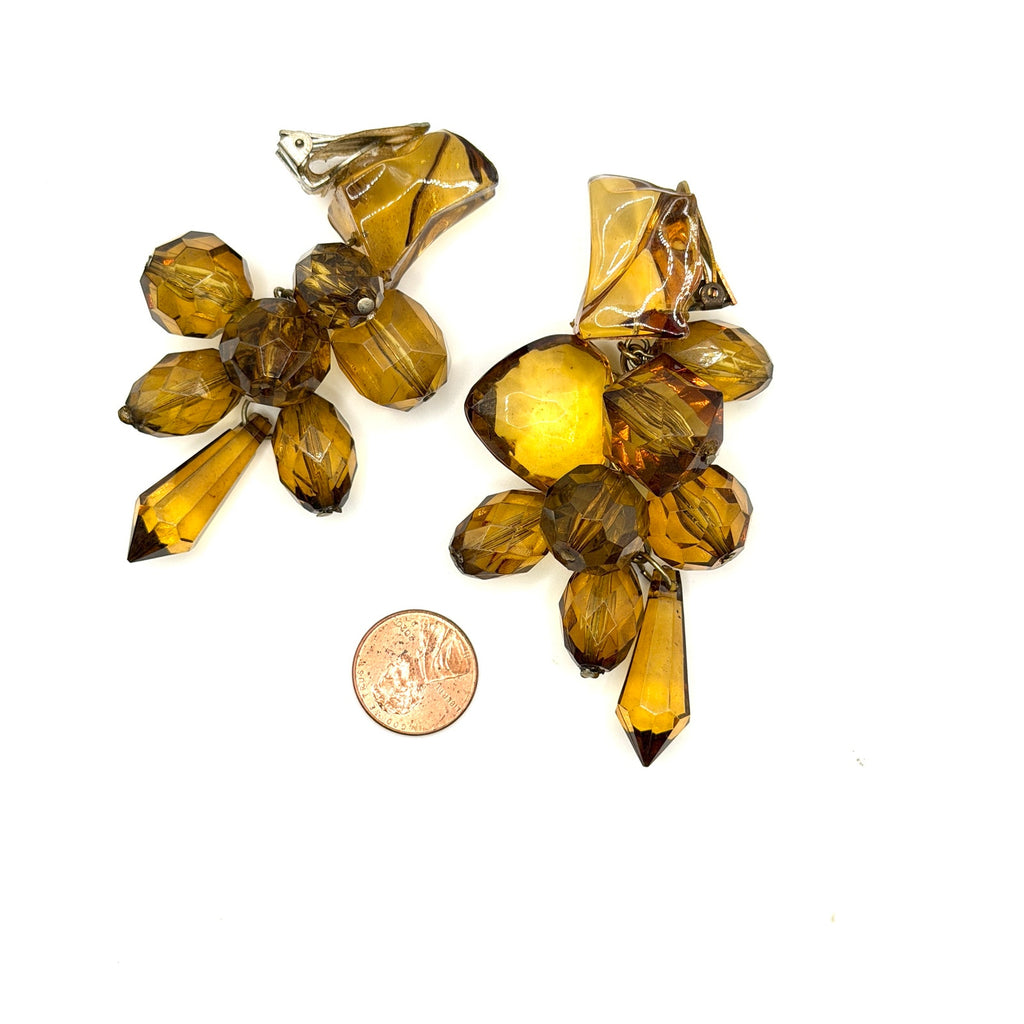 Vintage 80s Amber Lucite Massive Cluster Cascade Statement Clip On Earrings
