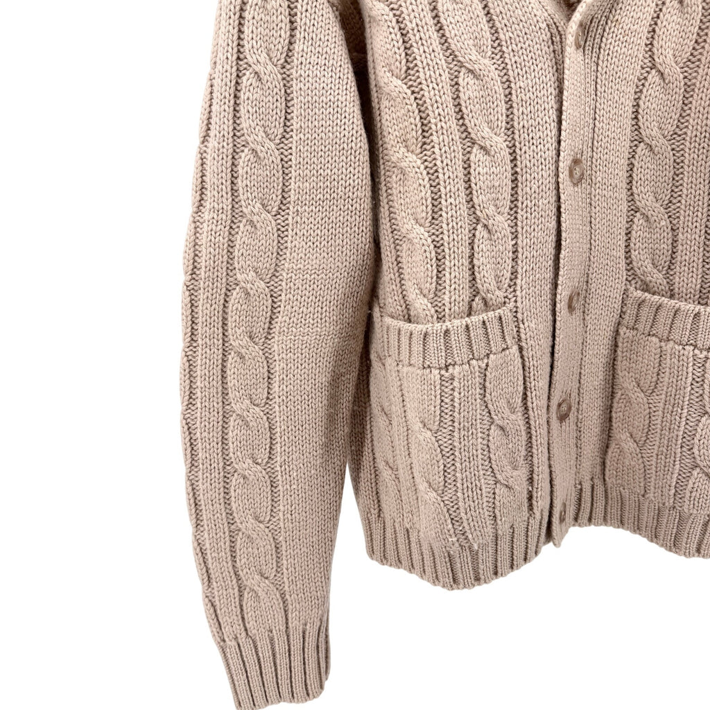 Vintage 70s B Altman Beige 100% Wool Cable Knit Shawl Collar Cardigan