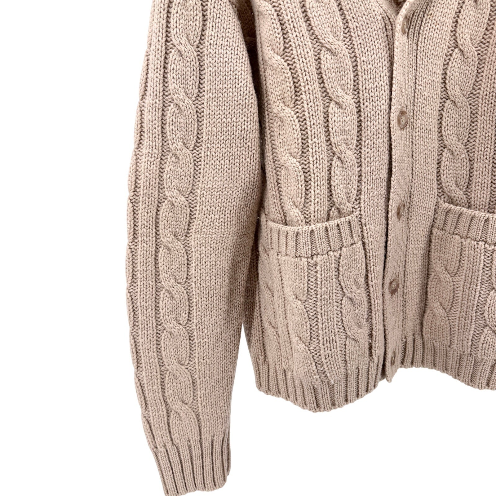 Vintage 70s B Altman Beige 100% Wool Cable Knit Shawl Collar Cardigan