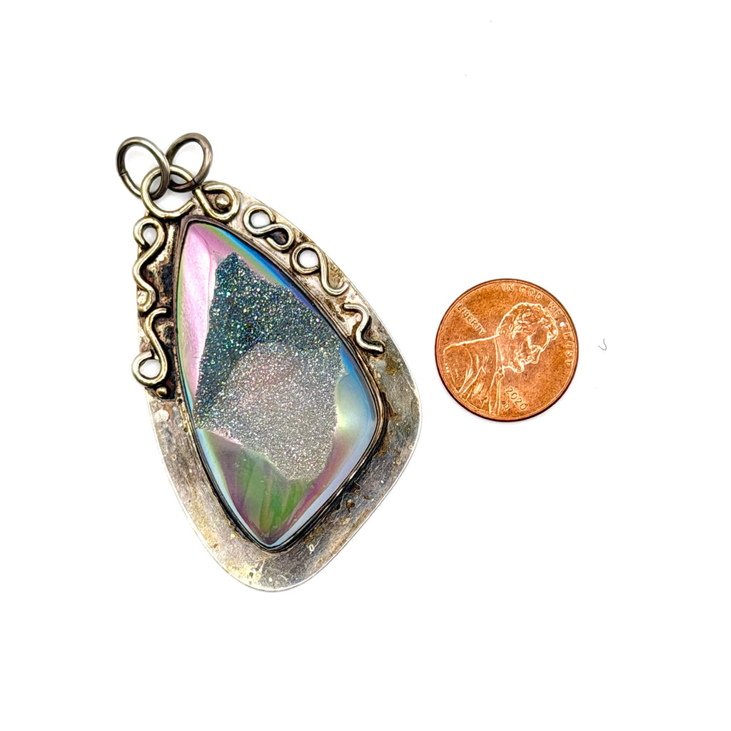 Vintage 90s Signed Rainbow Iridescent Sterling Silver Aura Druzy Quartz Pendant