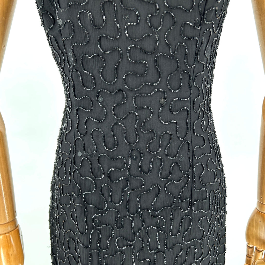 Vintage 90s Scala Black 100% Pure Silk Beaded Lattice Back Gown