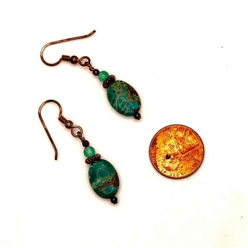 Vintage 90s Artisanal Turquoise Chrysoprase Bronze Beaded Boho Drop Earrings