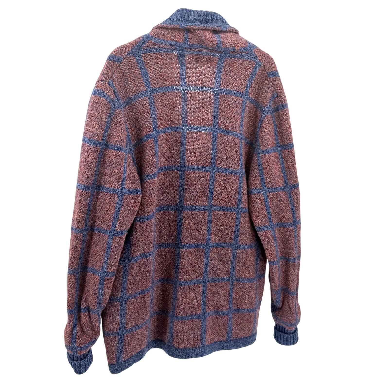 Vintage 80s Alan Flusser Blue Orange 100% Wool Plaid Double Breasted Cardigan