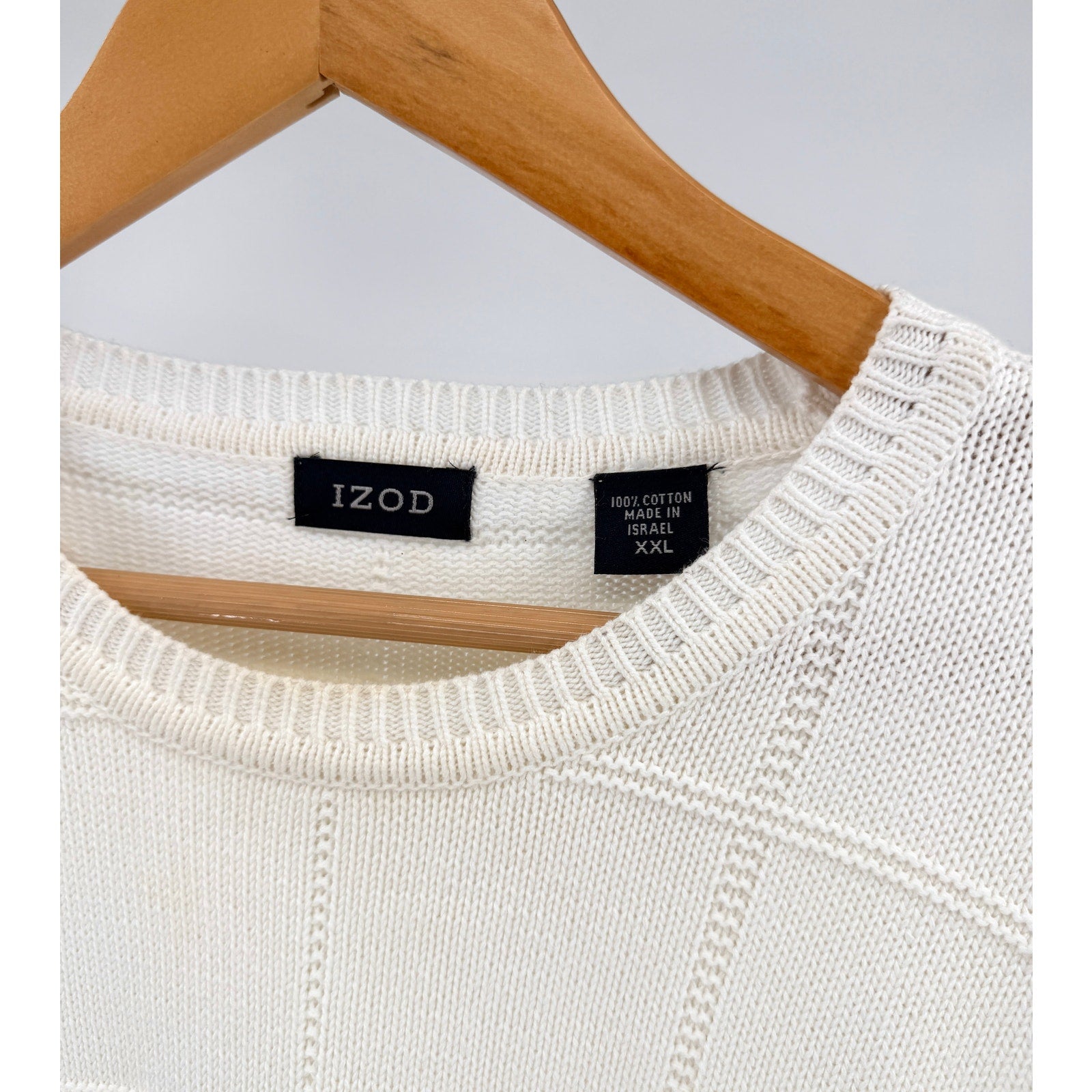Vintage 90s Izod White 100% Cotton Chunky Grid Knit Crewneck Sweater