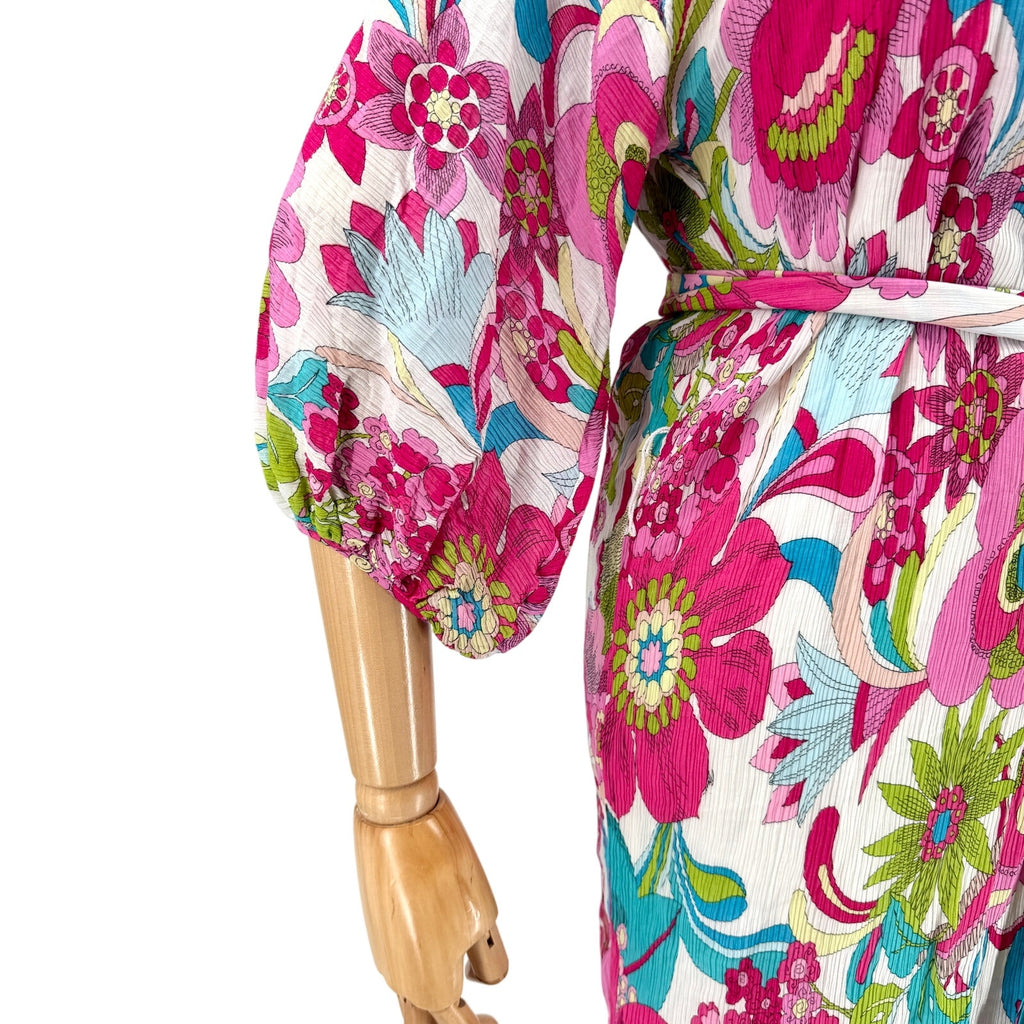 Trina Turk Pink Blue Floral Silk Blend Plissé Mini Dress