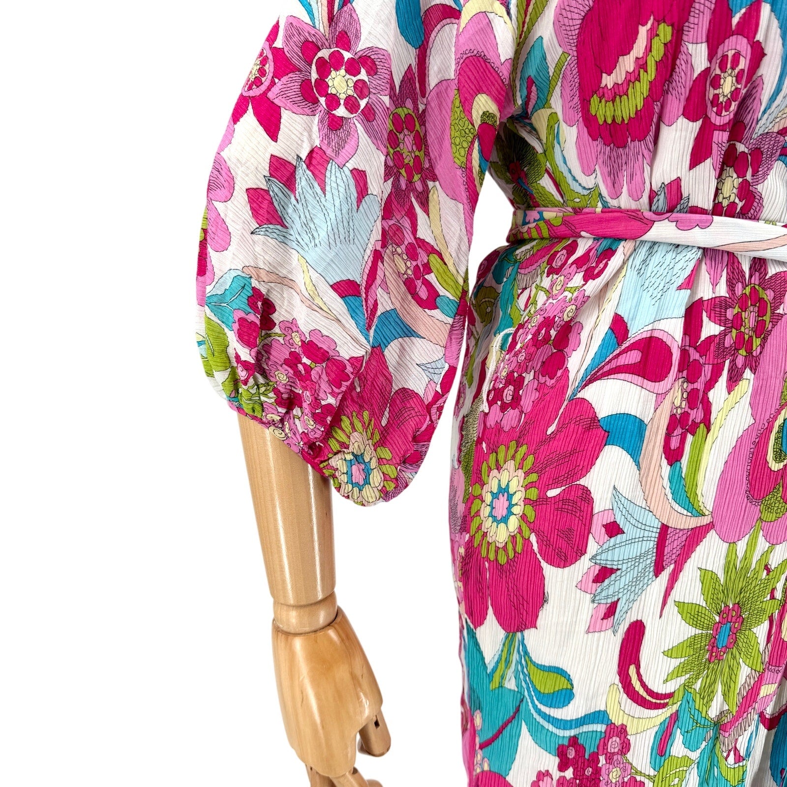 Trina Turk Pink Blue Floral Silk Blend Plissé Mini Dress