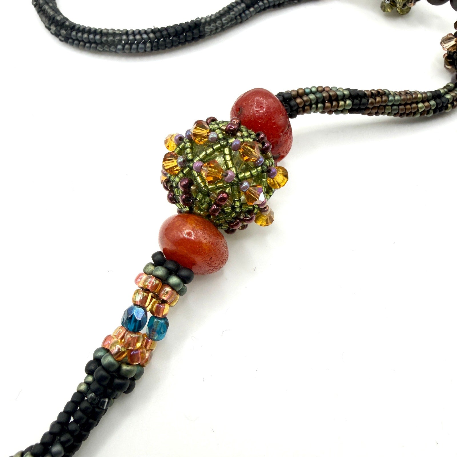 Vintage 90s Earthy Woven Seed Bead Crystal Focal Statement Loop Necklace