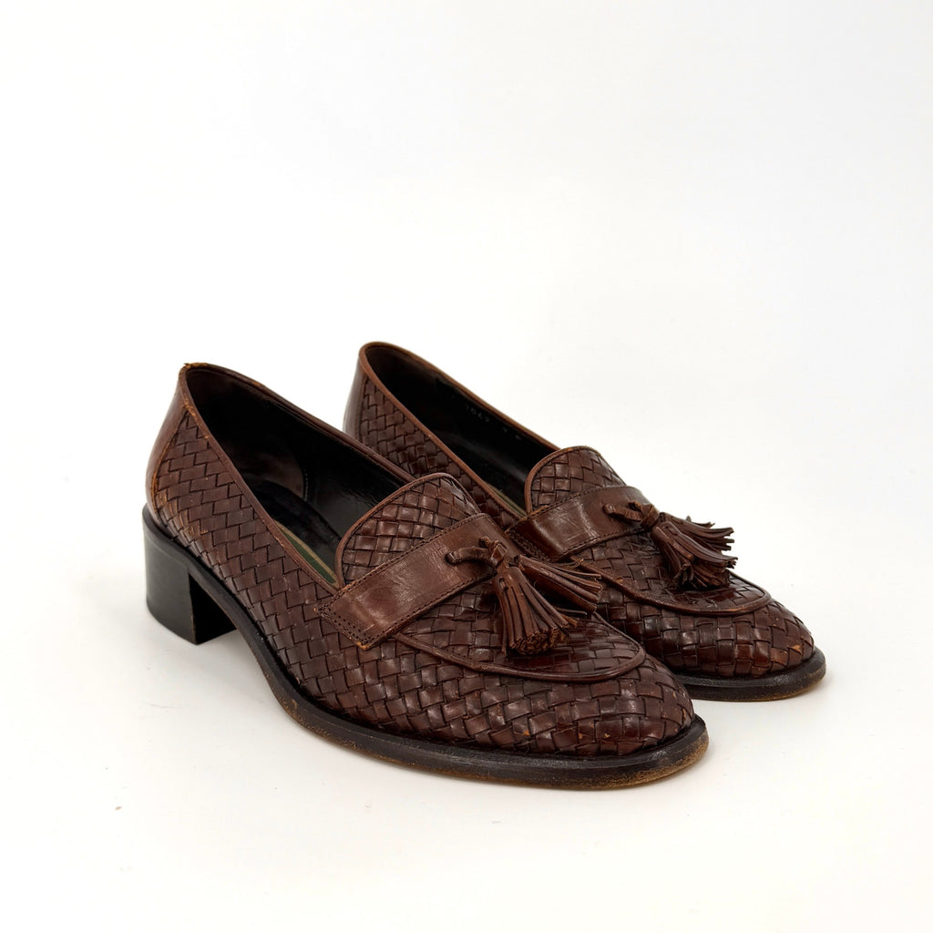 Vintage 90s Cole Haan Brown Woven Genuine Leather Tassel Heeled Loafers