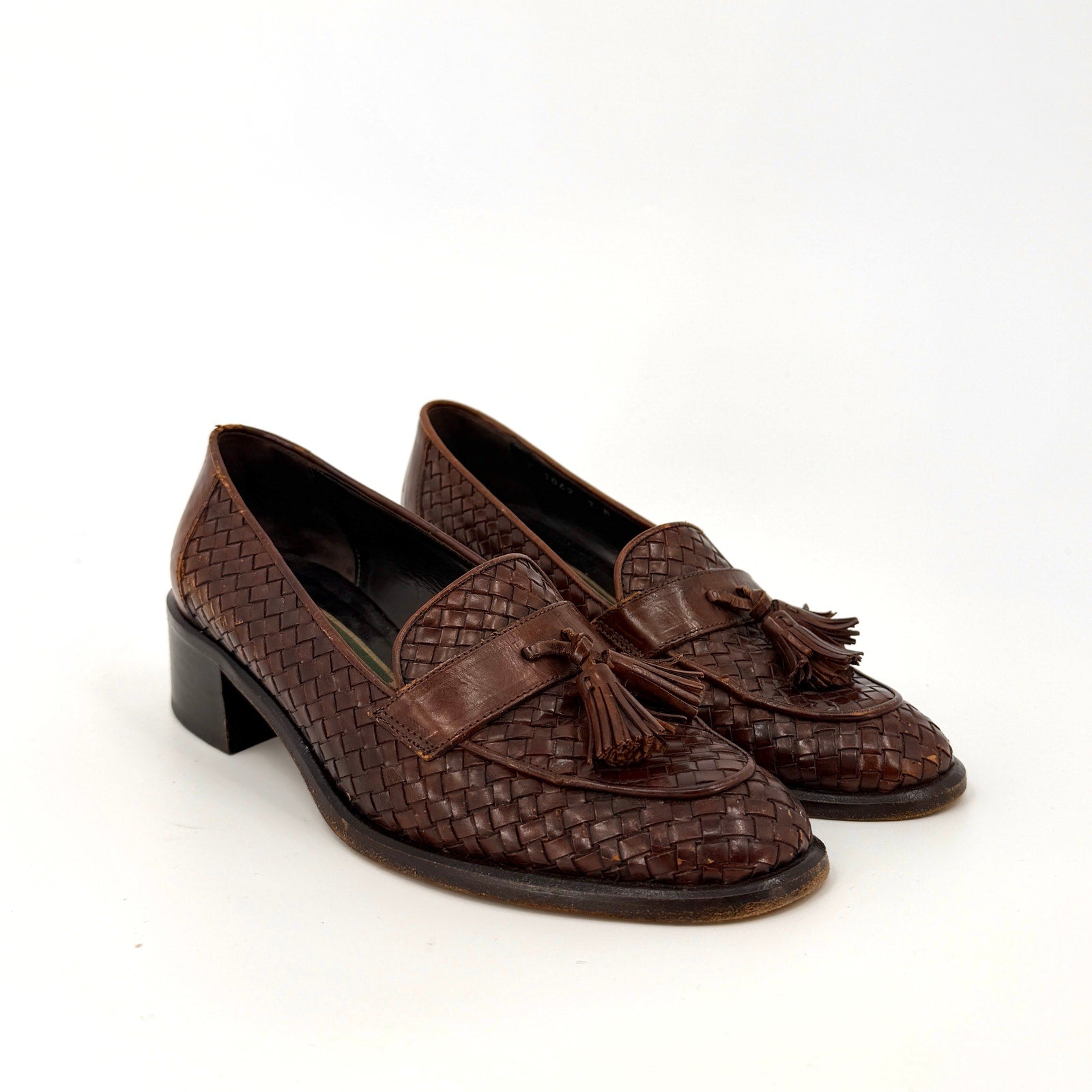 Vintage 90s Cole Haan Brown Woven Genuine Leather Tassel Heeled Loafers