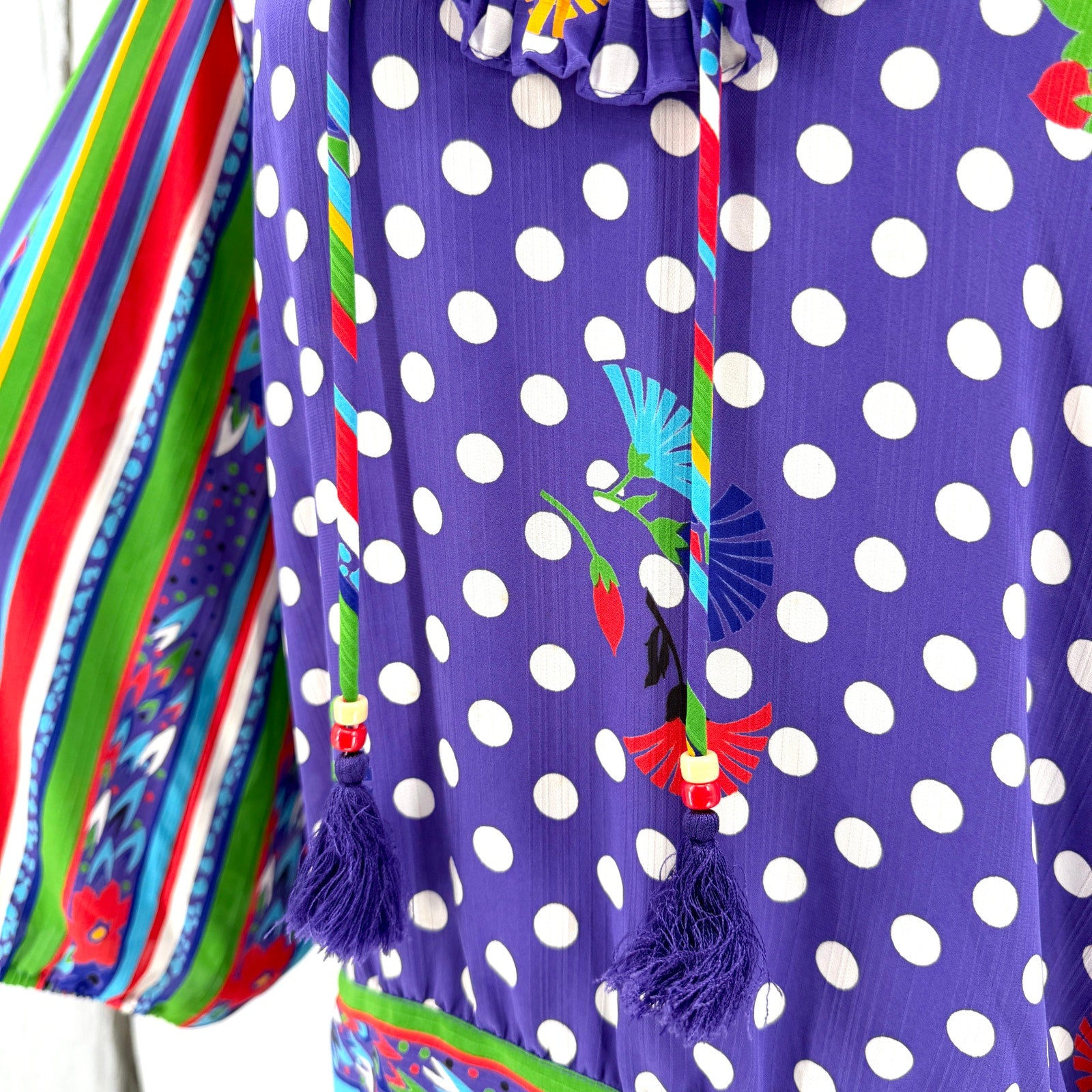 Vintage 80s Diane Freis Purple Periwinkle Polka Dot Maximalist Blouse Skirt Set