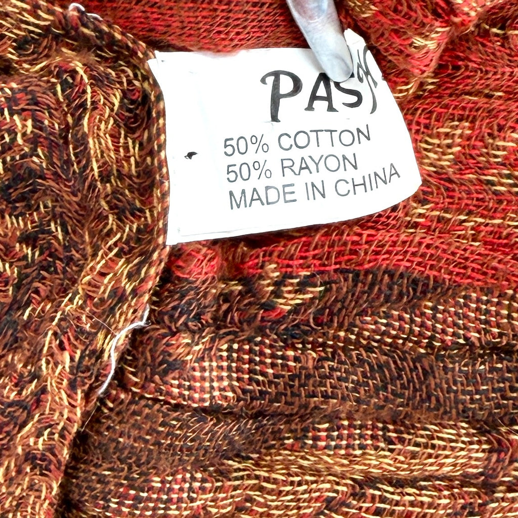 Vintage Y2K Pashmina Red Orange Woven Boho Textured Fringe Scarf