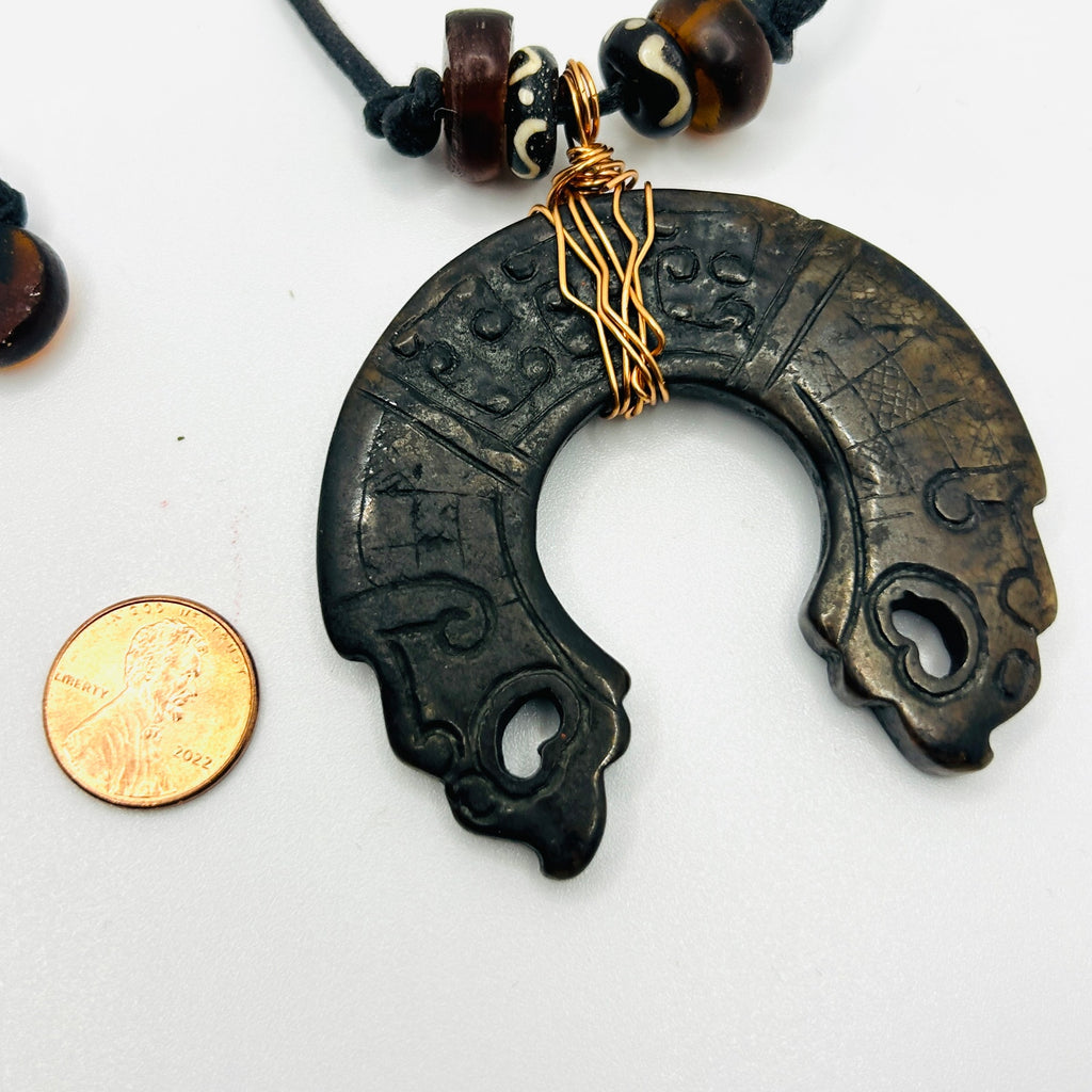 Handmade Copper Wrapped Chinese Stone Pendant Black Cord Necklace