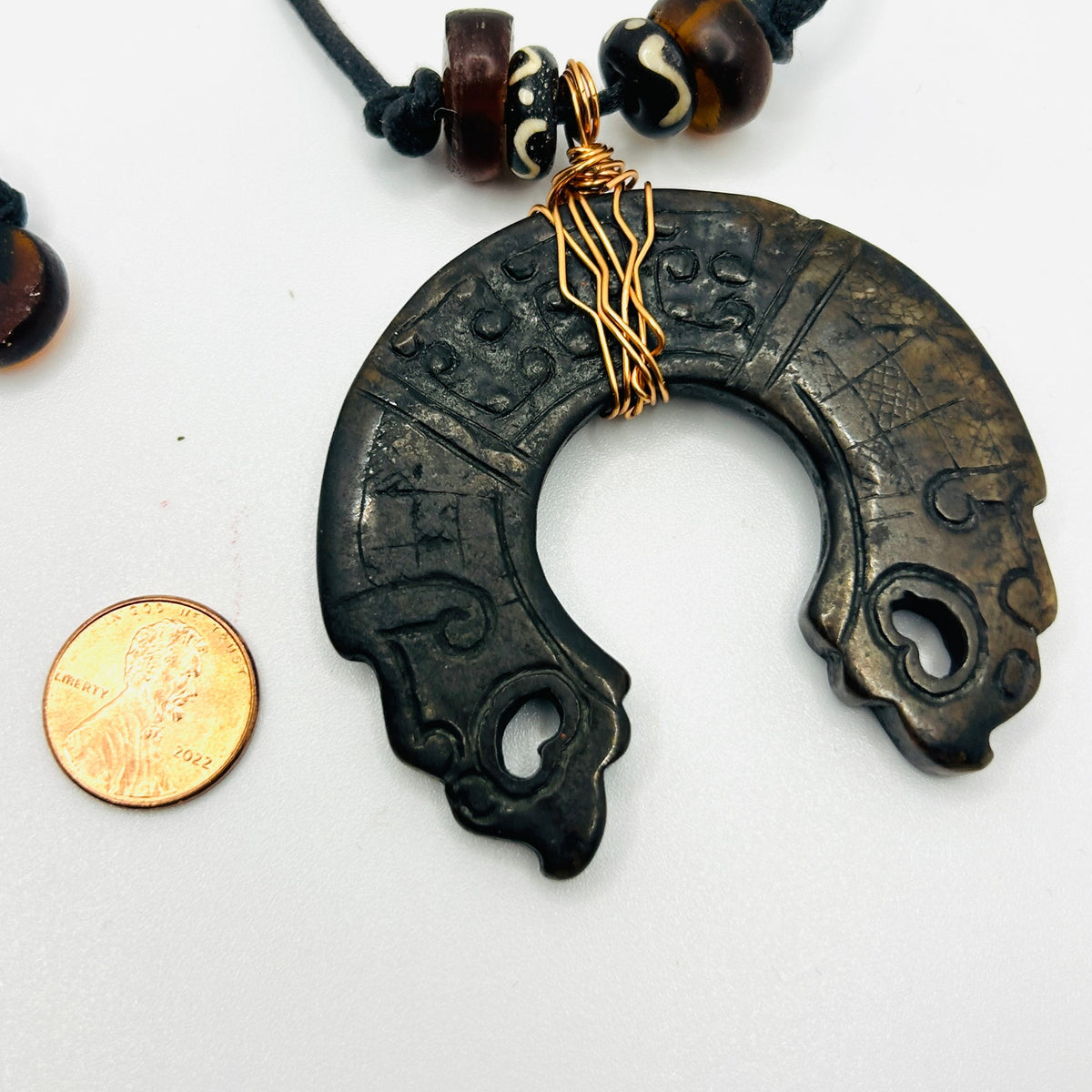Handmade Copper Wrapped Chinese Stone Pendant Black Cord Necklace