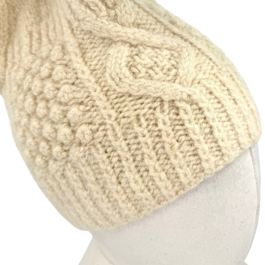 Vintage 70s Handmade Cream 100% Wool Cable Knit Beanie
